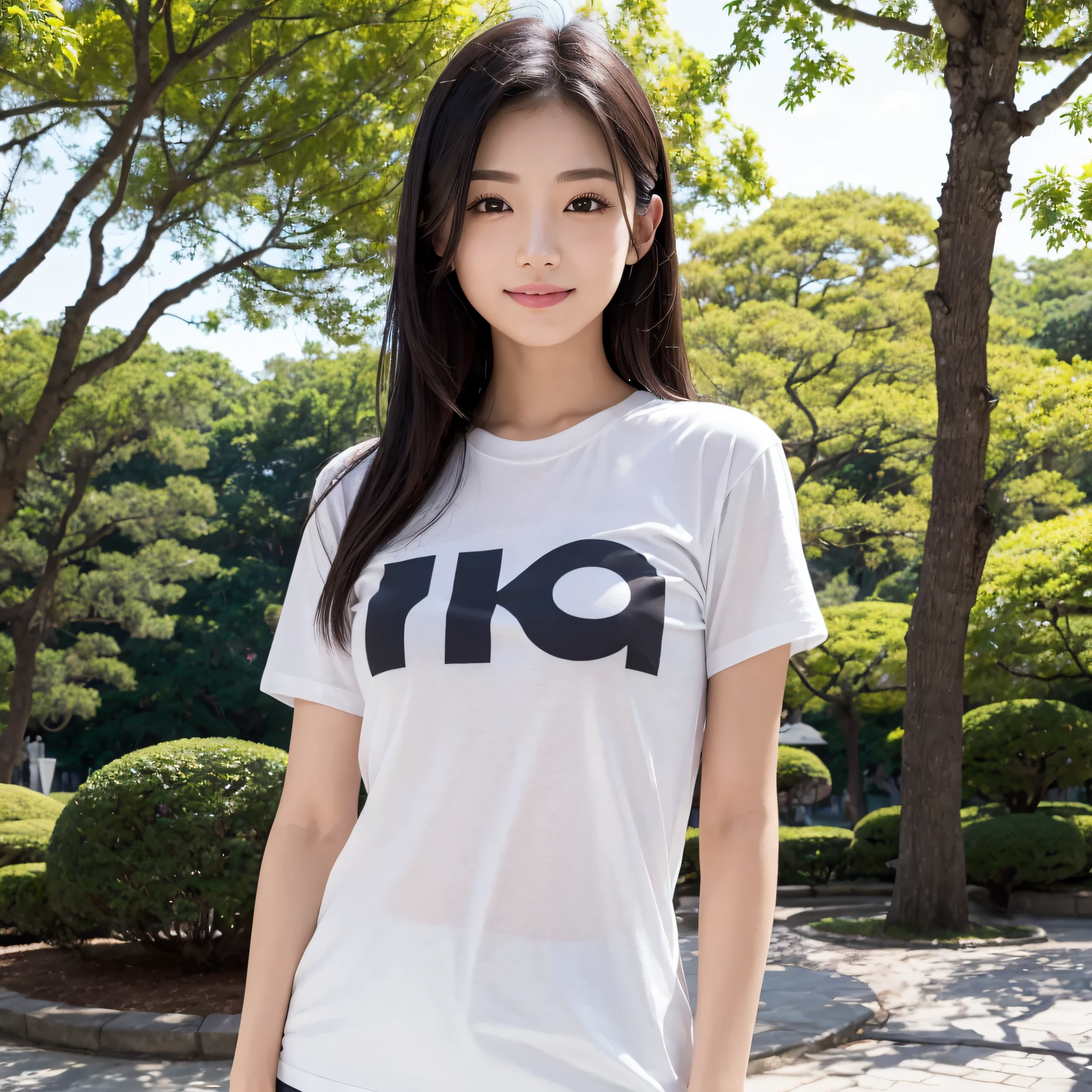 One beauty、((best qualtiy、8k masterpieces:1.3))、foco nítido:1.2、(ultra beautiful faces:1.0)、(shinny skin:1.0)、photos realistic、A dark-haired、Video Lighting、High-definition eyes and face、Video Lighting、25-year-old Japan actress、from the front side、medium breasts、Smile、Slender Abs Beauty、Whole body、Wearing a T-shirt with Japan letters on it、In the park in the morning
