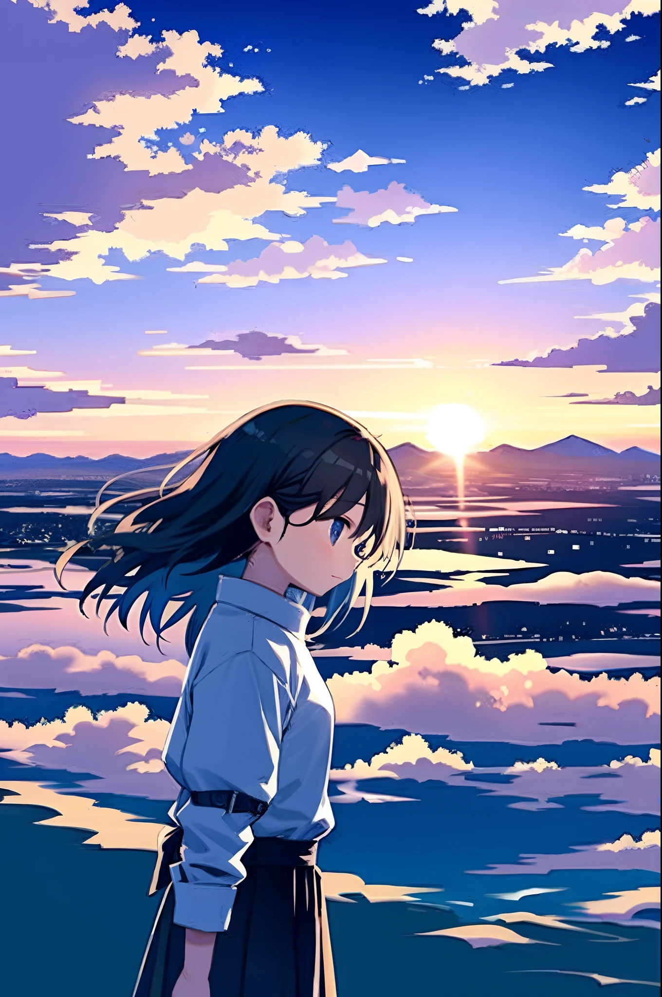 realisitic，A vast city spreads out、Rising sun over skyscraper army、The morning sun is beautiful、Horizon，composed々The sky is getting brighter、Huge autumn clouds、Vibrant colors、Girl watching from distant mountain top