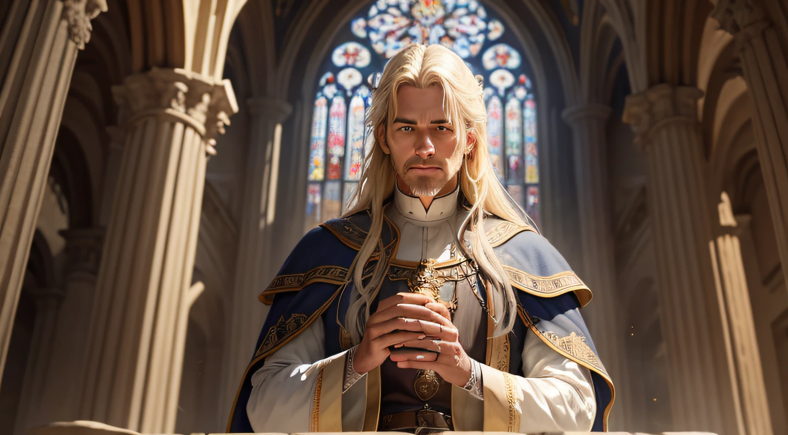 (best quality,ultra-detailed),(realistic:1.37)
A medieval man with yellow hair and blue eyes receiving a baptism. An exquisite illustration featuring a well-dressed man standing in a grand stone cathedral surrounded by ornate stained glass windows. The man's eyes are captivating with their intense blue hue, perfectly complementing his golden locks. The sunlight streams through the colorful windows, casting vibrant hues around the sanctuary. The cathedral is filled with soft, warm lighting, illuminating the details of the intricate carvings and the beautifully woven tapestries adorning the walls. The man's serene expression reflects his deep connection to the spiritual moment as the holy water is gently poured over his head by a clergyman. The scene captures the ethereal atmosphere of the medieval era, showcasing the architectural marvels and spiritual rituals of that time. The attention to detail and realistic portrayal of the man's facial features, hair, and the surrounding environment create a visually stunning masterpiece. The high-resolution image emphasizes the fine brushstrokes of the painting, ensuring every intricate detail is preserved. The composition exudes a sense of tranquility and spirituality, transporting viewers back to the medieval period with its historical charm and artistic beauty.