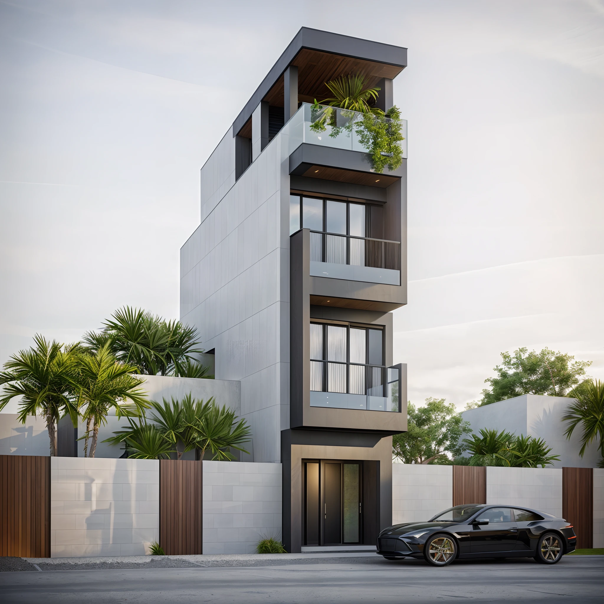 villa modern,Modern black house design, Green garden around the house, Black Front, Modern architecture, All glass, Sunshine, Seaside Realistic, exterior, sunlight, house, RAW photo, 8k uhd, dslr, (high detailed skin:1.3), soft lighting, ultra quality, film grain, Fujifilm XT3, sharp image, best quality, authentic, hight quality,