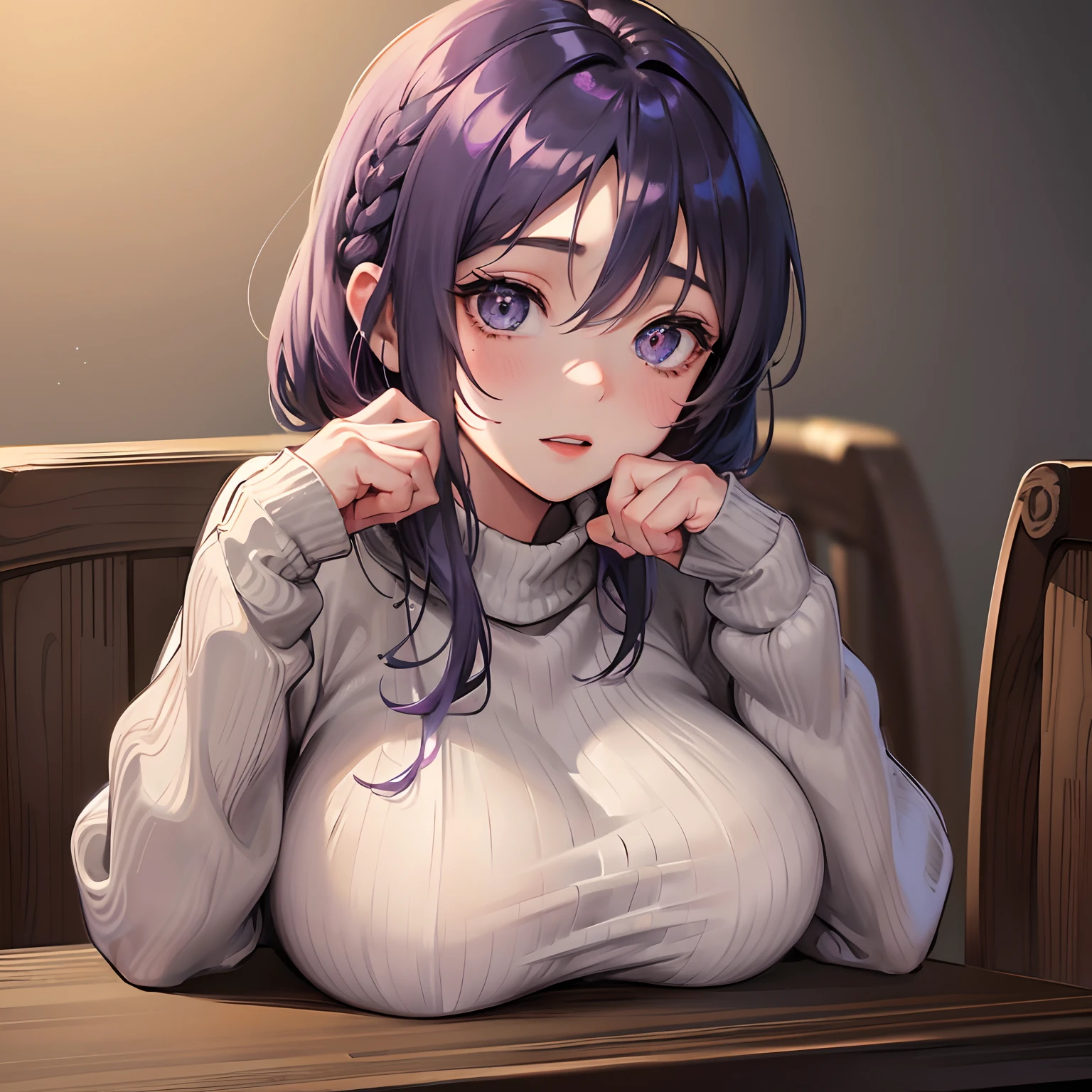 finest image, portrait, cute lady, happy, shy, ash gray glossy braided bangs iridescent short hair, light purple sparkling big eyes, huge breasts, great proportion, brown fluffy sweater, sitting, breasts are on the table, background, room, chair, table, professional lighting, anime, manga, illustration