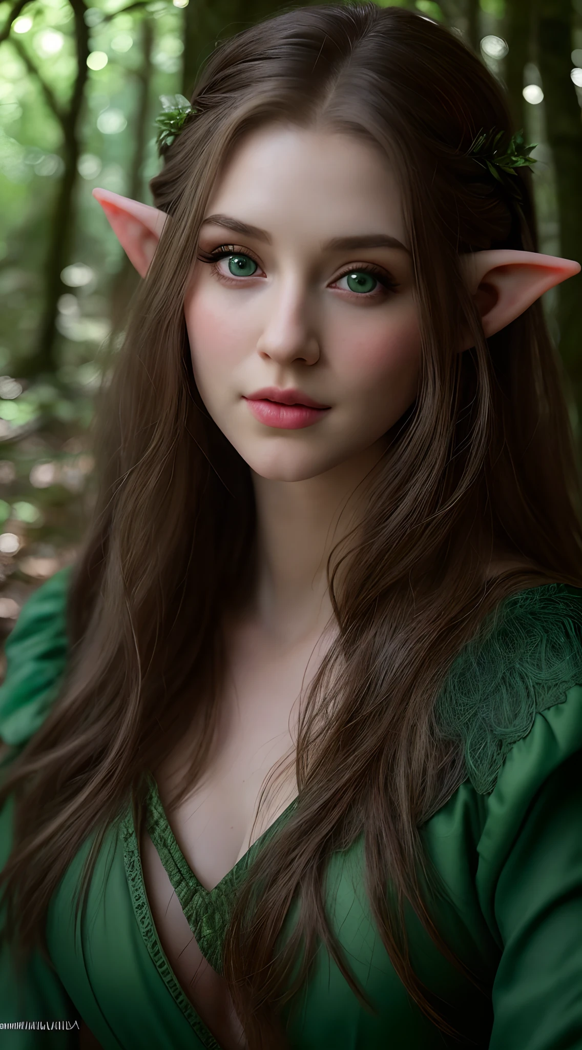 Foto RAW, realistic female elf, beautiful eyes, charming beauty, full body Closeup, magical forest background, into the woods, dense forest, (pele altamente detalhada: 1.2), 8k UHD, DSLR, soft-lighting, alta qualidade, grain of film, Fujifilm XT3