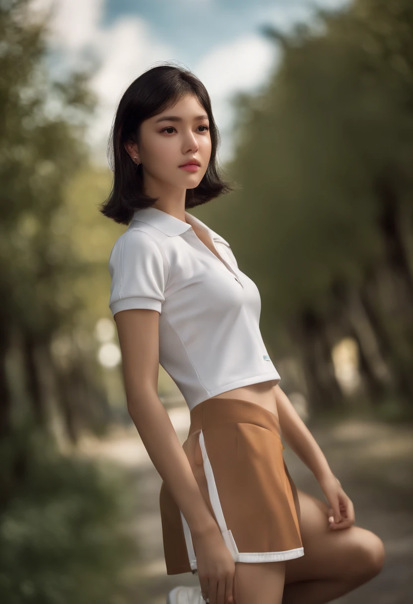 1girl, solo, white polo shirt, white sneakers, tennis wear, white miniskirt, masterpiece, best quality, realistic, hyper-detailed, (shiny skin, sweaty:1.4), absurd, looking at viewer, short black hair, brown eyes, slender, dynamic lighting, high resolution, sharp focus, depth of field, detailed eyes, sharp pupils, realistic pupils, (small breasts:1.6), (thick thighs:1.0), outdoor, sky