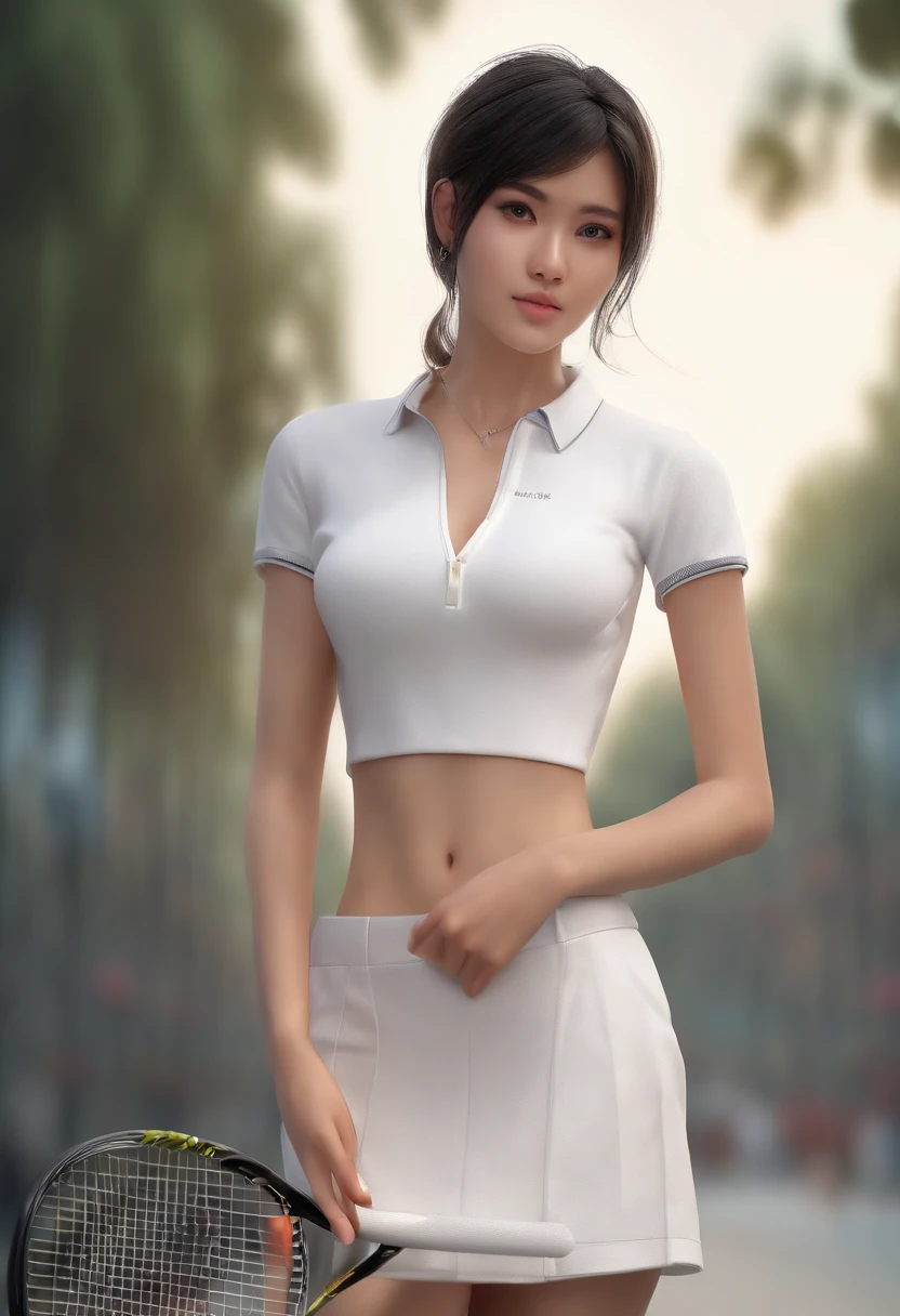 1girl, solo, white polo shirt, white sneakers, tennis wear, white miniskirt, masterpiece, best quality, realistic, hyper-detailed, (shiny skin, sweaty:1.4), absurd, looking at viewer, short black hair, brown eyes, slender, dynamic lighting, high resolution, sharp focus, depth of field, detailed eyes, sharp pupils, realistic pupils, (small breasts:1.6), (thick thighs:1.0), outdoor, sky