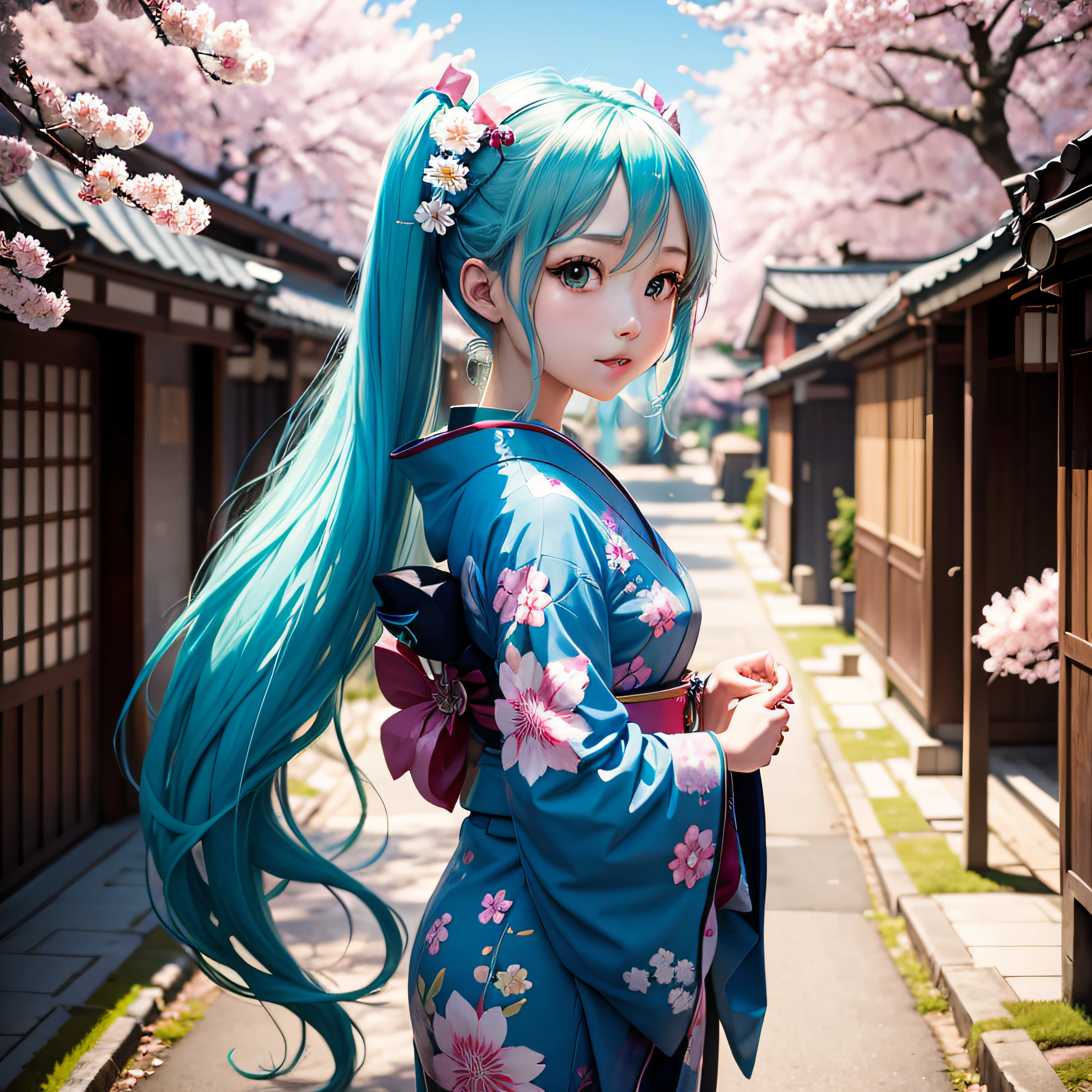 Hatsune Miku wears a blue kimono under cherry blossoms