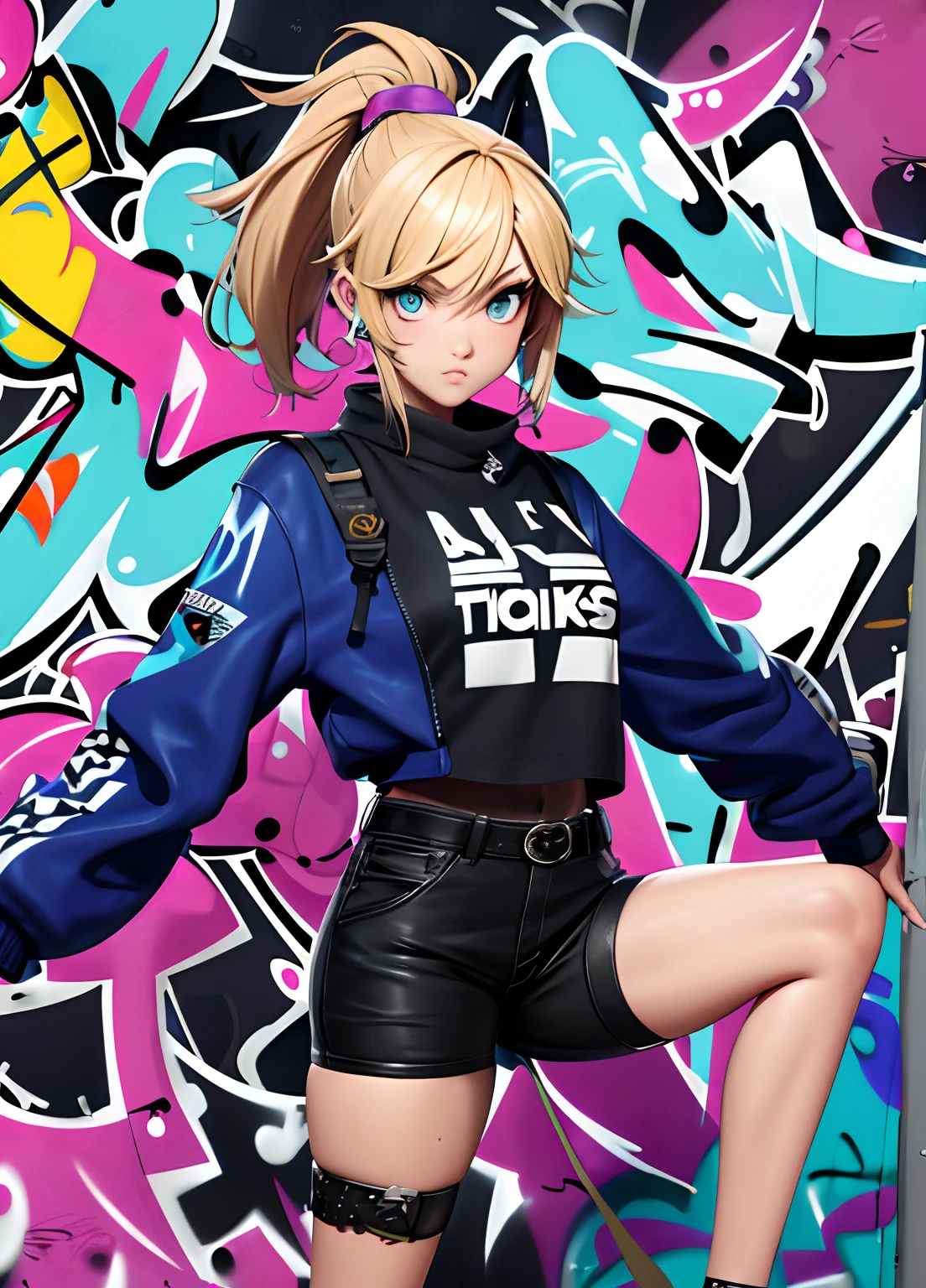 masterpiece, best quality, 1girl, solo, swaggy style, (graffiti:1.5), striking a pose, looking at viewer, thigh strap, blonde ponytail hair, innocent skinny