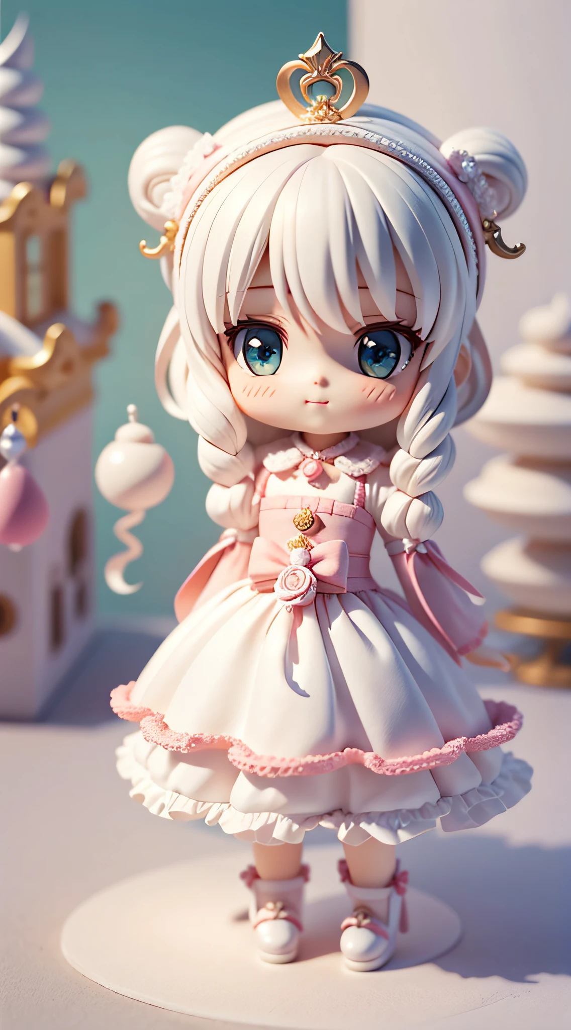 Kawaii, doll fairy miniature, gold, Miniature Core, Miniature World, realistic, pink, Opalescent, ball crystal, intimate portrait composition, Leica 50mm, f1. 4,Highly Detailed,(Low Contrast:1.3) , golden , mirror, table