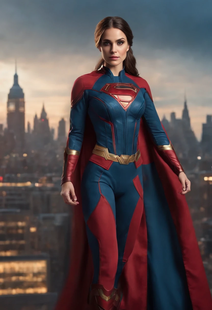 arafed woman in a superman costume posing for a picture, gal gadot as supergirl, gal gadot as hell lord, film still of gal gadot, hybrid of gal gadot, gal gadot, gal gadot, photo of the beauty gal gadot, candid photo of gal gadot, full body, big breast gal gadot, black Superman suit, big breast, smile,naked gal gadot, in the city ruins, long tight pants