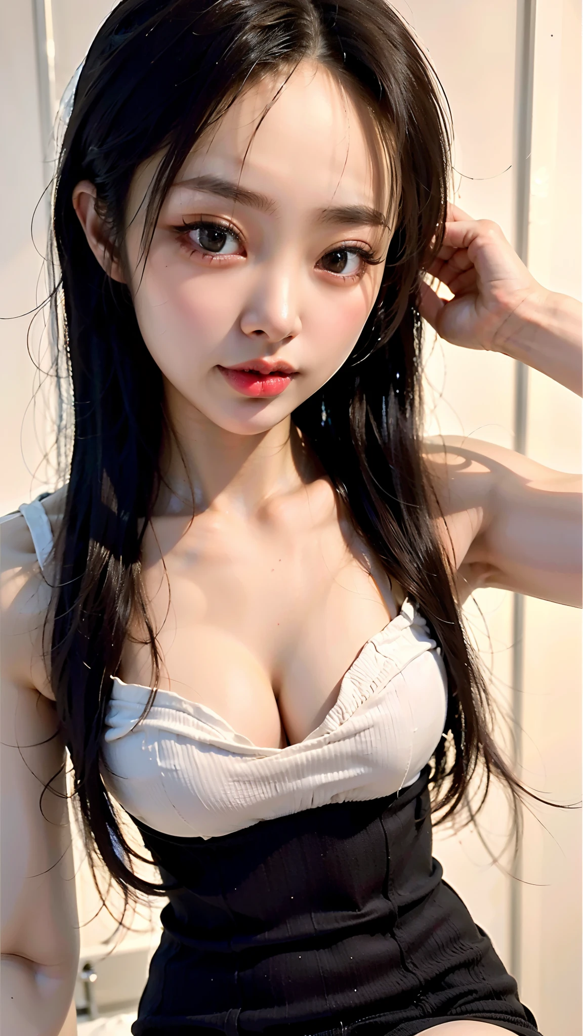 Superb, Ultra High Quality, (Realistic, Photorealistic), Instagram (Photorealistic, High Resolution: 1.4), Beauty, Japan Person, (Beautiful Face: 1.4), (Big, Slender, Constricted Waist), Medium Hair, On Bed, Bokeh, Beautiful Light, Glossy Skin, Small Head, Full Body, Sexy Lingerie, String Bun, Bewitching, Sexy Pose, Solo