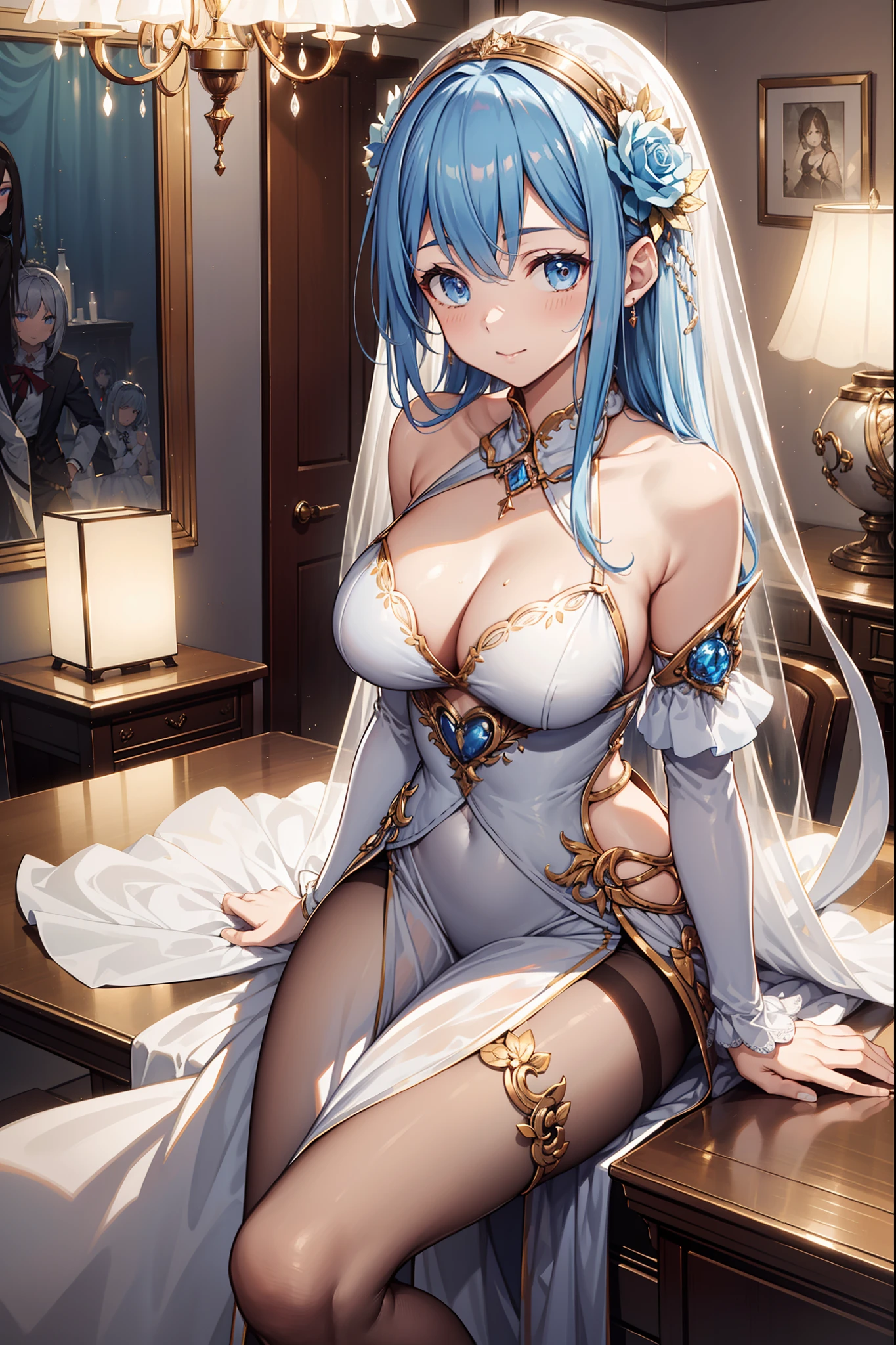 teens girl,divino,(Best quality,4K,8K,A high resolution,Masterpiece:1.2),Ultra-detailed,Seductive pose,having fun,divino,(Western magic white dress)，silber hair,eBlue eyes,see-through transparent clothes,Delicate hair accessories,Transparent lace,Sky blue texture,Late at night,exquisite costumes,Bedrooms,solo person,Carved pantyhose