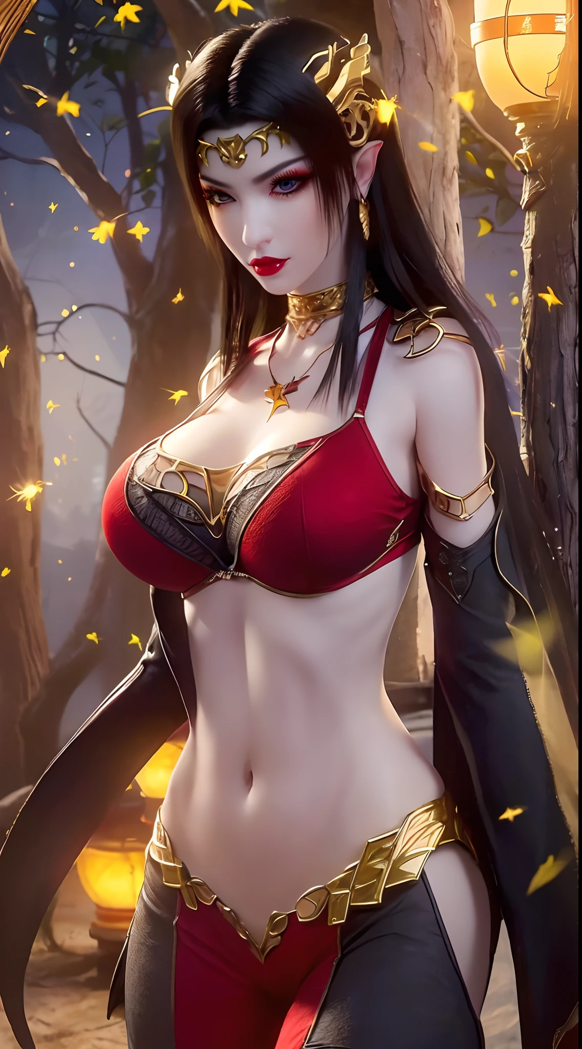 1 beautiful and sexy 20 year old girl, ((wearing a red bikini is very beautiful and sexy:1.8)), ((motifs and rhinestones on the bra:1.7)), ((nfsw:1.5)), ((long black hair:1.6)), jewelry elaborately made from precious stones and beautiful hair, ((wearing a 24k gold lace necklace:1.4))), ((A thin red silk scarf covers half of the face:1.5)), the noble, noble style of an extremely beautiful girl, her small face is super cute, her face is very pretty, thin eyebrows, flawless beautiful face, ((black eye pupils: 0.8)), very beautiful eyes, ((platinum blue eyes: 1.6)), (((big round eyes:1.6))), nice makeup and hair detailed eyelashes, steamy eye makeup, high nose, earrings, red lips, ((closed mouth: 1.5)) beautiful lips, slim hands, most beautiful thighs, ((arms spread out to the sides: 1.5)), rosy face, clean face, flawless beautiful face, smooth white skin, (big breasts: 1.5)), ((high breasts: 1.6)), tight breasts, beautiful cleavage, (((big breasts and super round: 1.8))), ((super tight breasts: 1.7)) , beautiful breasts, perfect body, back arms, chest out, thin black mesh stockings with black lace trim, 8k photo, super high quality, super realistic, super 10x pixels, optical, bright studio, bright edges, dual-tone lighting, (high-detail skin:1.2), super 8k, soft lighting, high quality, volumetric lighting, photorealistic, photorealistic high resolution, lighting, best photo, 4k, 8k quality, blur effect, smooth sharp, 10 x pixel, ((the night and fireflies background:1.5)), aurora, lightning, super graphics realistic, most realistic graphics, 1 girl, alone, solo, Extremely sharp image, surreal, (((frontal portrait: 1)))."