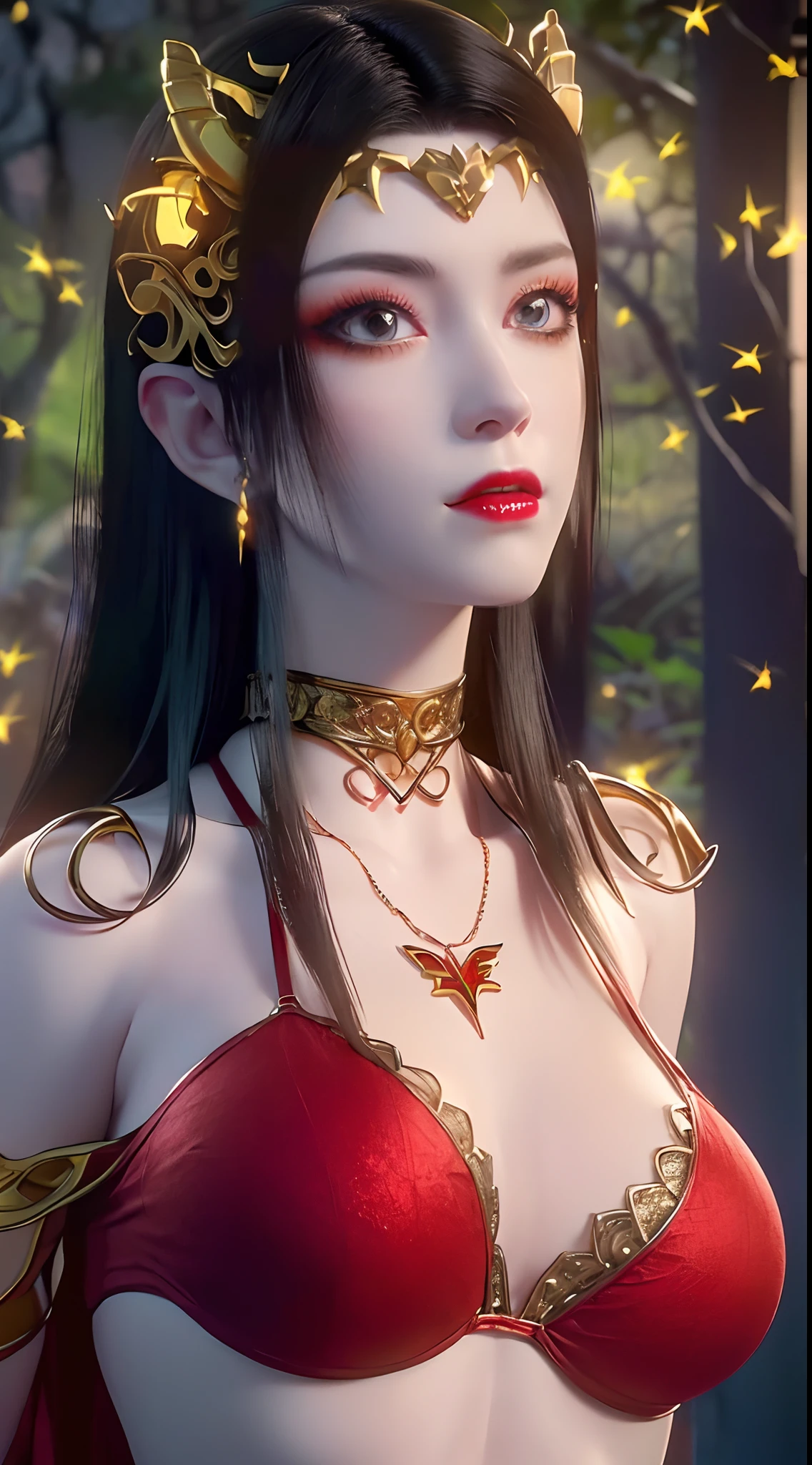 1 beautiful and sexy 20 year old girl, ((wearing a red bikini is very beautiful and sexy:1.8)), ((motifs and rhinestones on the bra:1.7)), ((nfsw:1.5)), ((long black hair:1.6)), jewelry elaborately made from precious stones and beautiful hair, ((wearing a 24k gold lace necklace:1.4))), ((A thin red silk scarf covers half of the face:1.5)), the noble, noble style of an extremely beautiful girl, her small face is super cute, her face is very pretty, thin eyebrows, flawless beautiful face, ((black eye pupils: 0.8)), very beautiful eyes, ((platinum blue eyes: 1.6)), (((big round eyes:1.6))), nice makeup and hair detailed eyelashes, steamy eye makeup, high nose, earrings, red lips, ((closed mouth: 1.5)) beautiful lips, slim hands, most beautiful thighs, ((arms spread out to the sides: 1.5)), rosy face, clean face, flawless beautiful face, smooth white skin, (big breasts: 1.5)), ((high breasts: 1.6)), tight breasts, beautiful cleavage, (((big breasts and super round: 1.8))), ((super tight breasts: 1.7)) , beautiful breasts, perfect body, back arms, chest out, thin black mesh stockings with black lace trim, 8k photo, super high quality, super realistic, super 10x pixels, optical, bright studio, bright edges, dual-tone lighting, (high-detail skin:1.2), super 8k, soft lighting, high quality, volumetric lighting, photorealistic, photorealistic high resolution, lighting, best photo, 4k, 8k quality, blur effect, smooth sharp, 10 x pixel, ((the night and fireflies background:1.5)), aurora, lightning, super graphics realistic, most realistic graphics, 1 girl, alone, solo, Extremely sharp image, surreal, (((frontal portrait: 1)))."