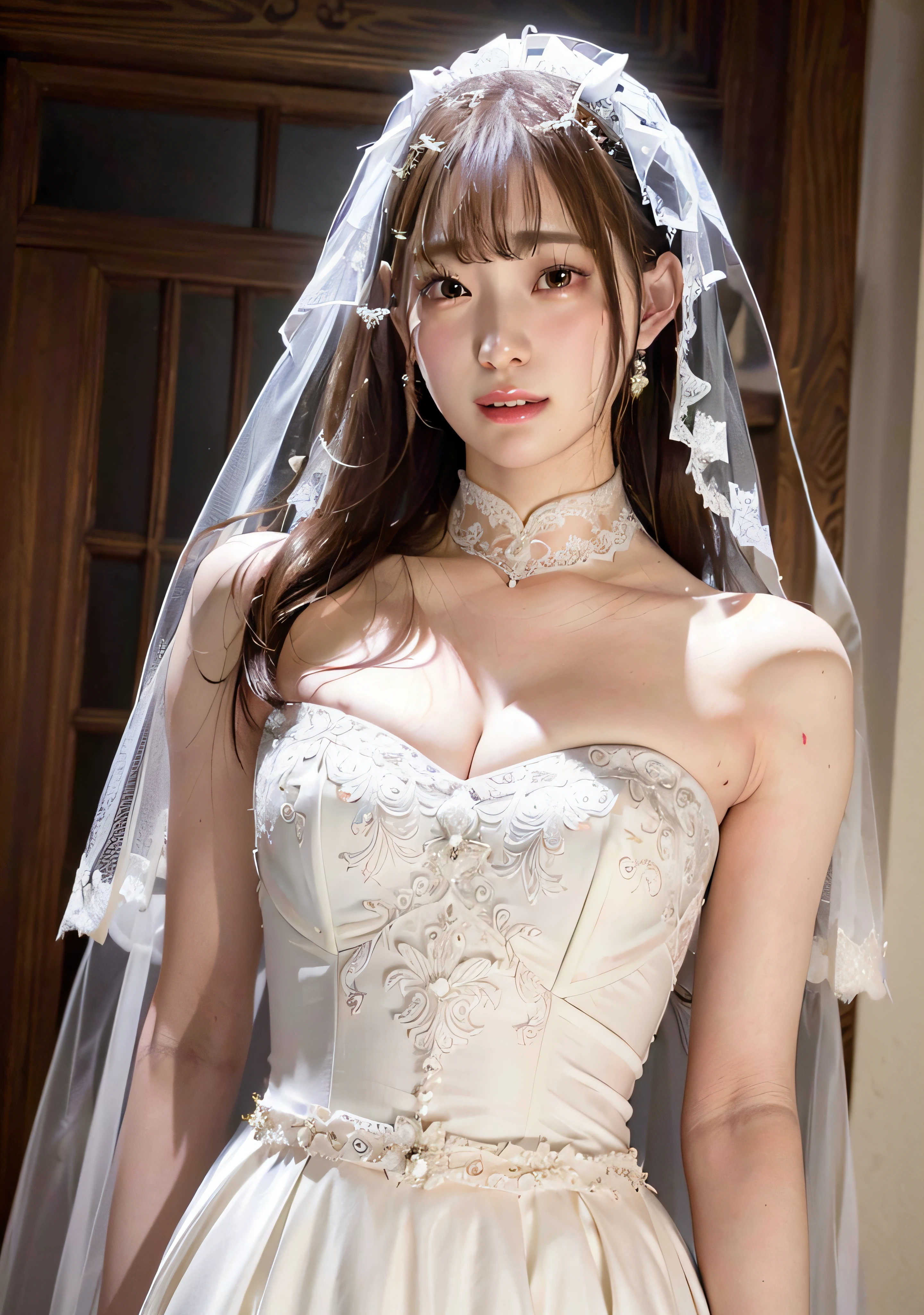 (Masterpiece: 1.4), (Hyper Realistic: 1.4), (Best Quality, 16k, 32k, Masterpiece, UHD: 1.2), Pretty Japan Woman Pictures, 1 Young Girl, Double Eyelids, (Big: 1.2), Sexy Bride, (Pure White Wedding Dress, Wedding Veil)), (Deep Slit: 1.2), (Smile: 1.1), Off Shoulder , ((stained glass in church)), cleavage cutout, (full body)