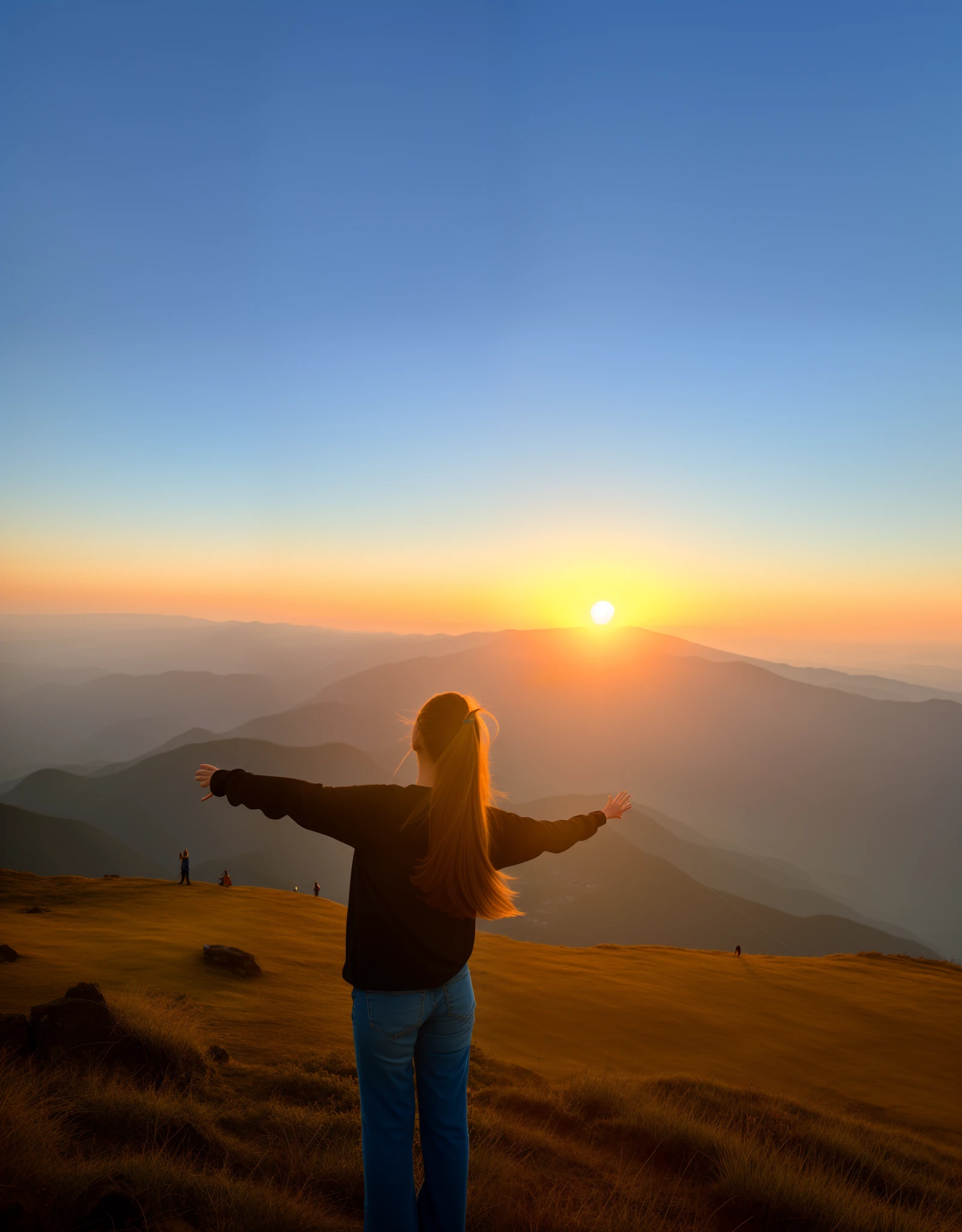 Greedy woman standing on the hill，Stretch your arms into the air, With sunset, at a beautiful sunset, mountains and sunset!!, with a sunset, sun is in the top, at the sunset, late sunset, At the summit, girl standing on mountain, during sunrise, on top of mountain, At the summit, The girl looked at the camera