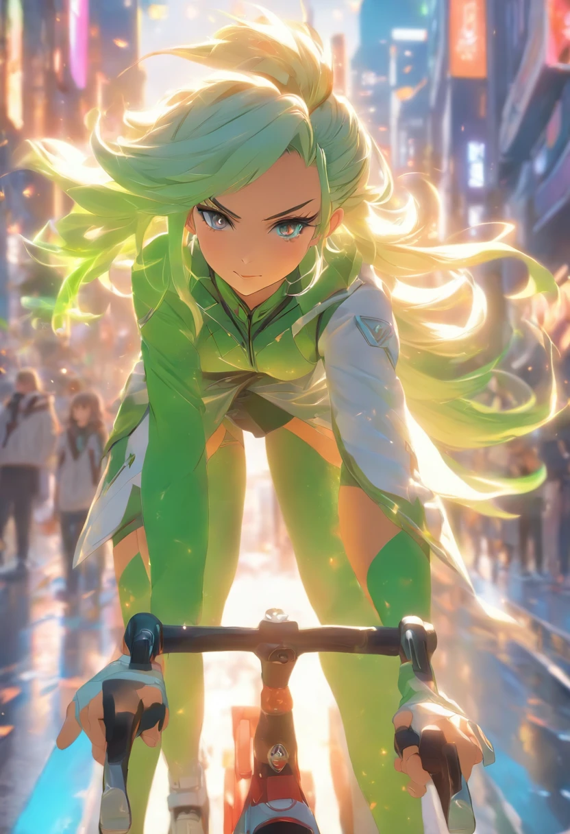 masterpiece , best quality,nahida(genshin impact) ride super modern bike, small breast,long hair ,side ponytail, hair ornament , white hair , green hair , hand behind head:1.5,multicolored hair, elf , pointy ears , school uniform , skirt ,cardigan,road , street,looking at the viewers