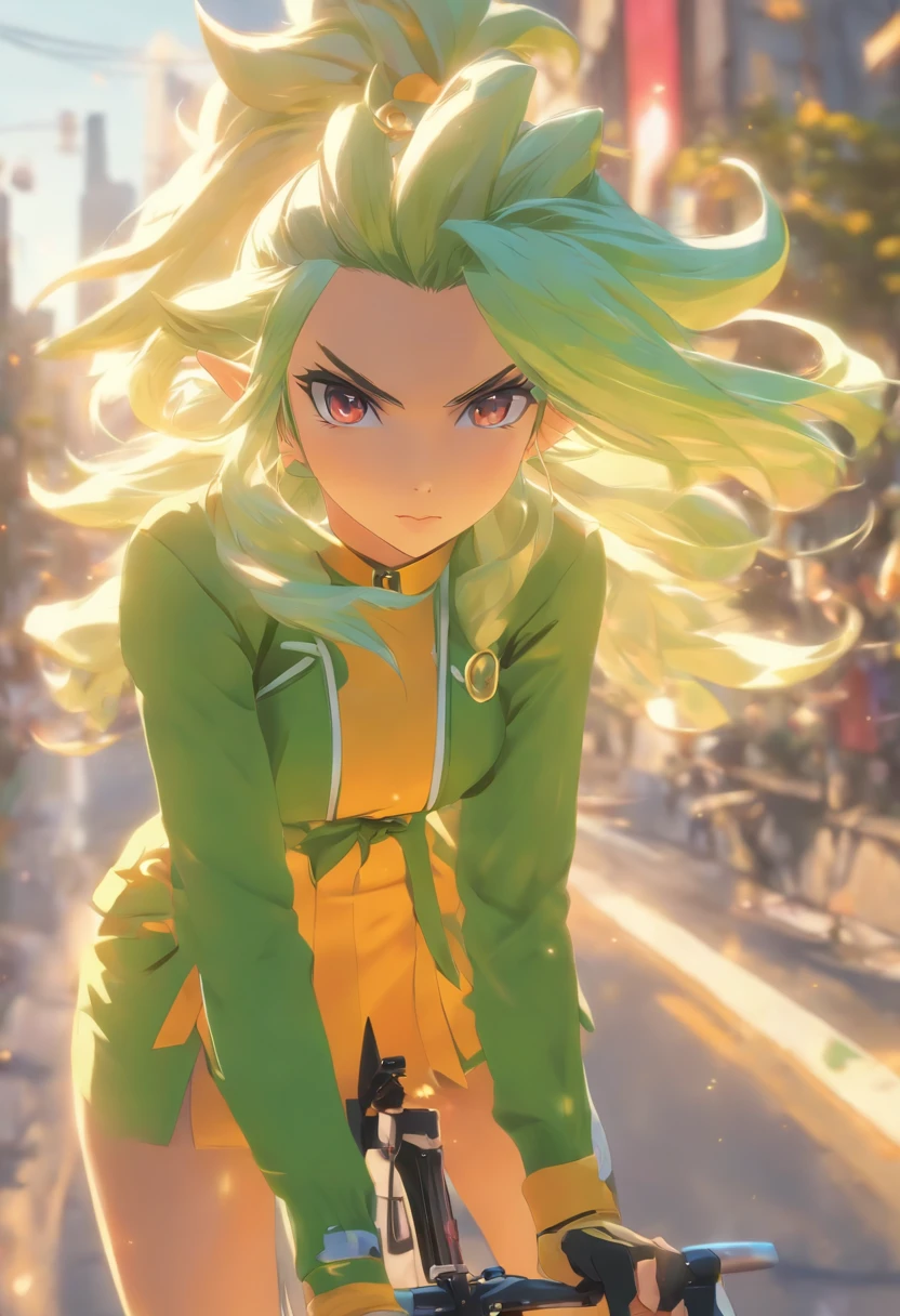 masterpiece , best quality,nahida(genshin impact) ride super modern bike, small breast,long hair ,side ponytail, hair ornament , white hair , green hair , hand behind head:1.5,multicolored hair, elf , pointy ears , school uniform , skirt ,cardigan,road , street,looking at the viewers