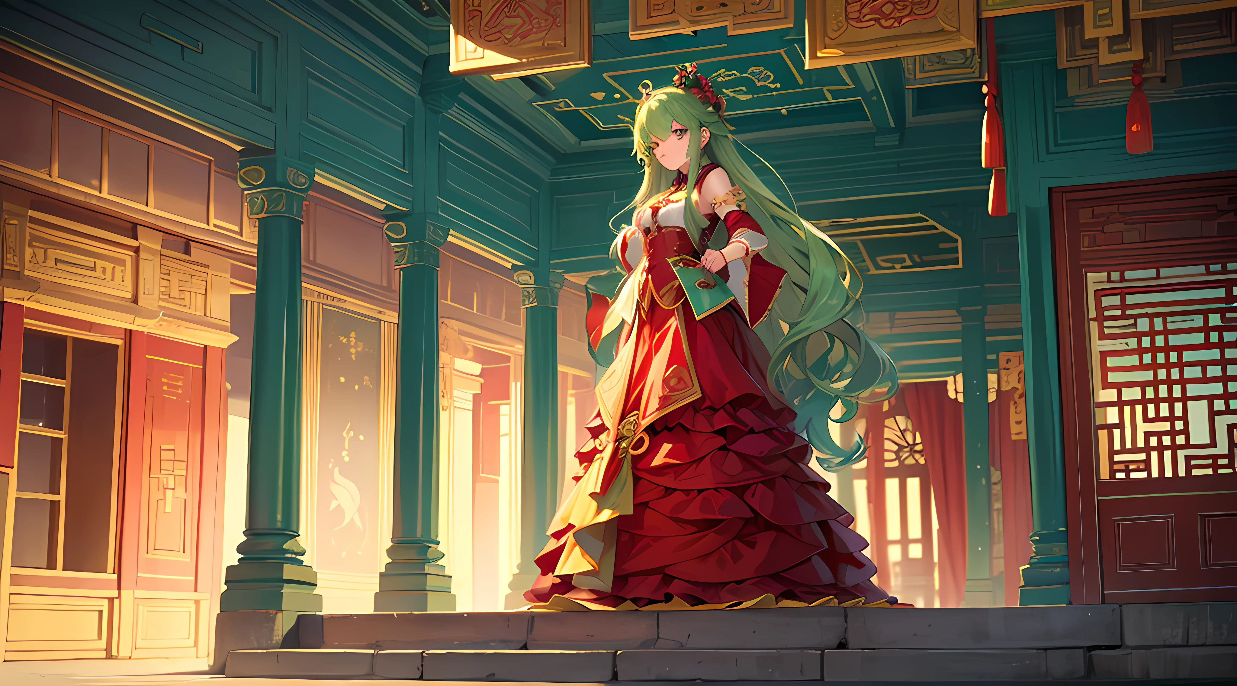 Green girl with long hair,Exquisite palace costume,Fire red dress,Stand in front of the Chinese Heavenly Palace,Look into the distance,