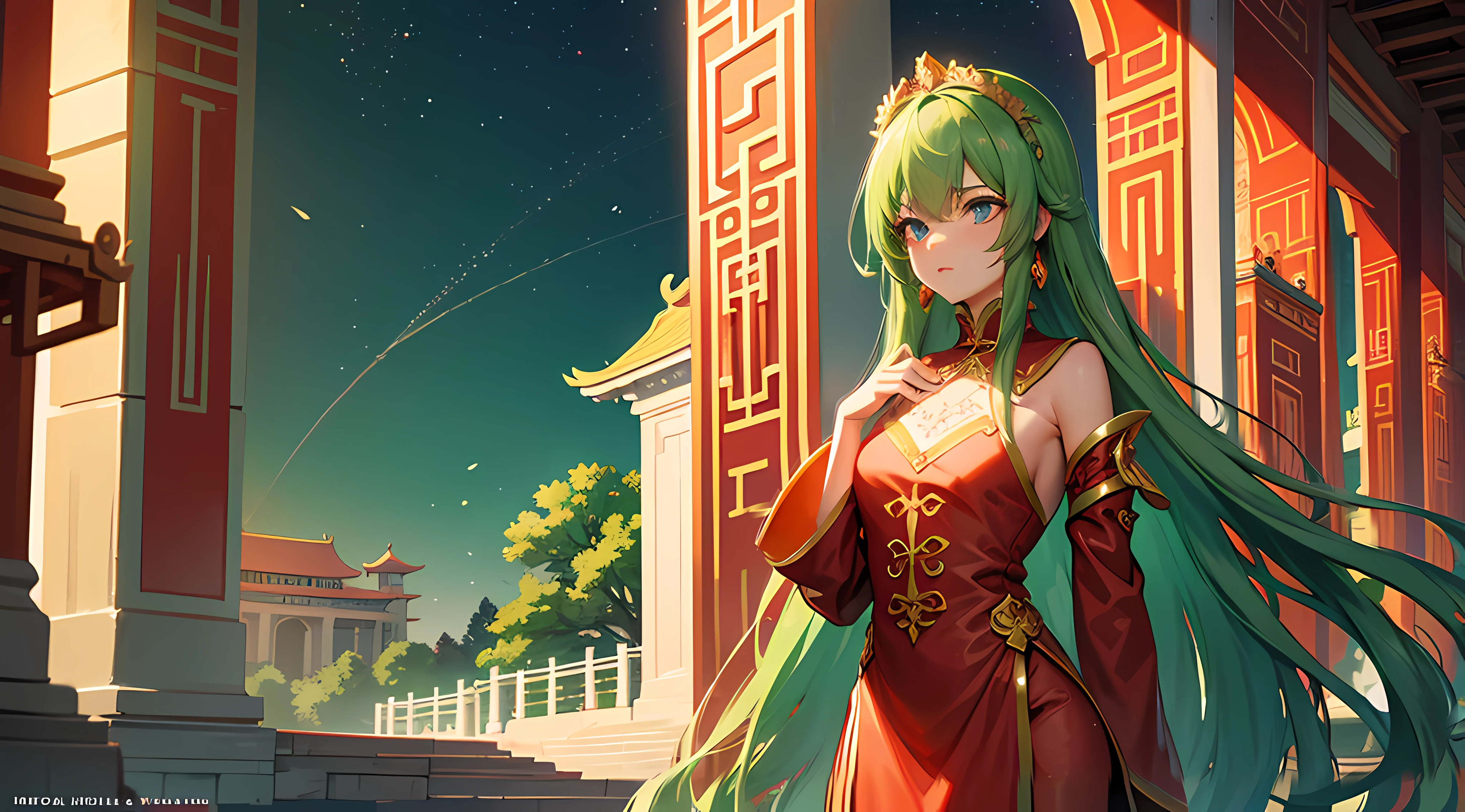 Green girl with long hair，Exquisite palace costume，Fire red dress，Stand in front of the Chinese Heavenly Palace，Look into the distance，