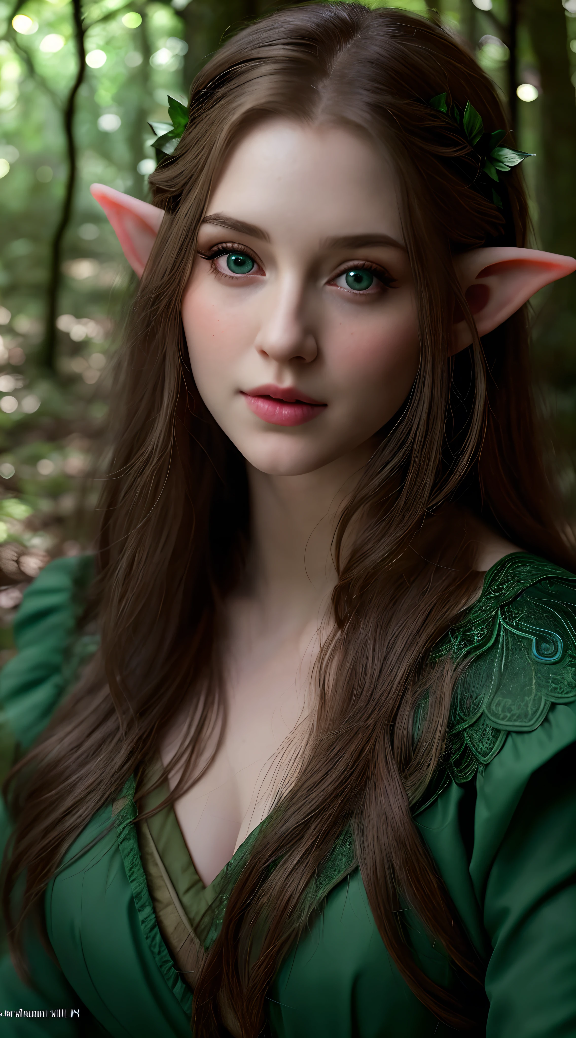 Foto RAW, realistic female elf, beautiful eyes, charming beauty, full body Closeup, magical forest background, into the woods, dense forest, (pele altamente detalhada: 1.2), 8k UHD, DSLR, soft-lighting, alta qualidade, grain of film, Fujifilm XT3