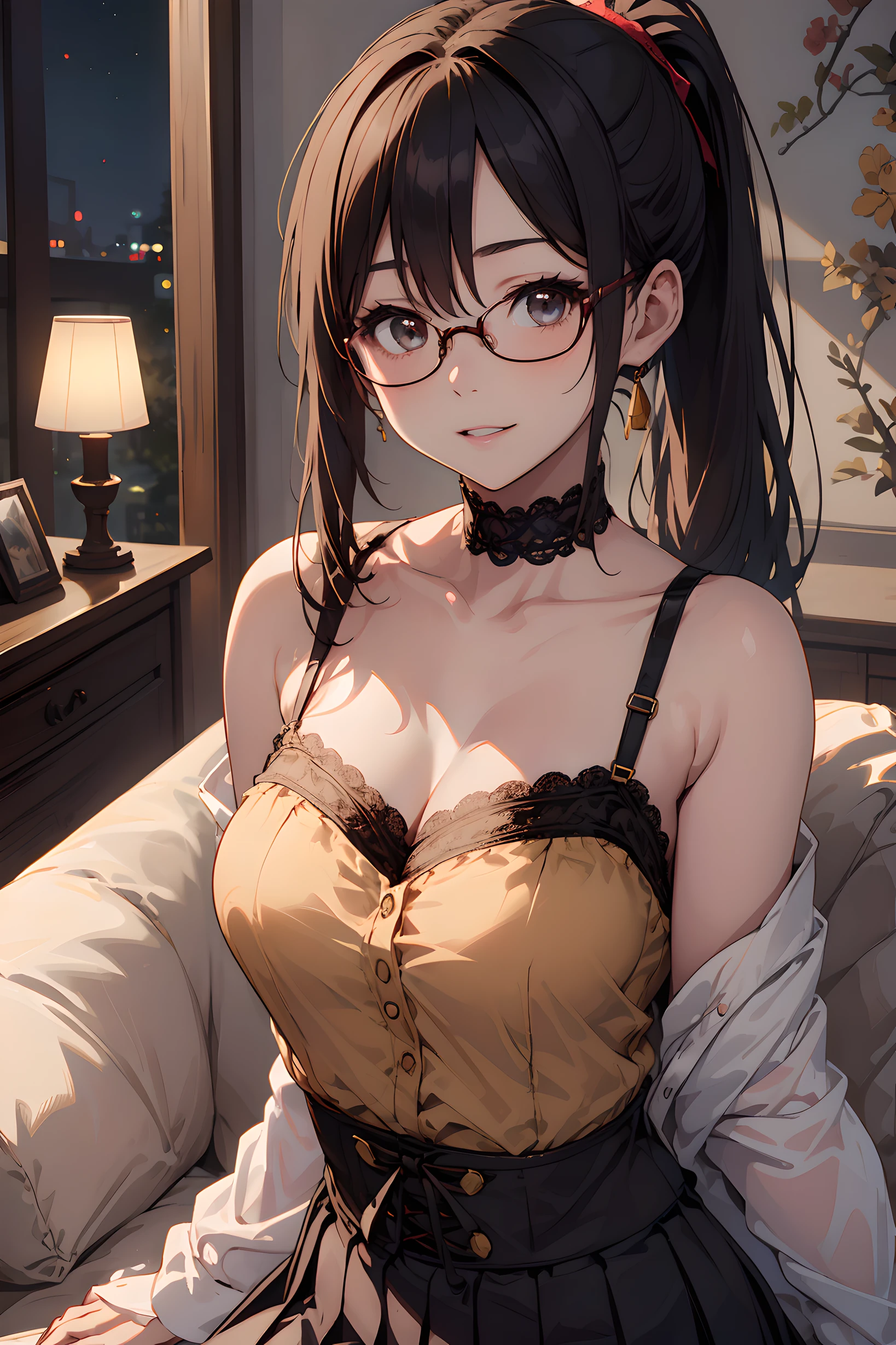 high resolution, Photo of a beautiful woman detailed_face, young handsome girl, realistic:0.5, perfect skin, (ultra-detailed background, detailed background), bokeh, gorgeous, pure, beautyfull detailed face and eyes, breasts, (dark-brown eyes :1.1), (a pretty extremely and beautiful Japanese woman), (sexy girl), (22 years old: 1.1), (arms down:1.3), (kneeling on couch:1.3), (gorgeous with gold embroidery) room with beautiful wallpaper:1.3), (plush red velvet couch in front of the wall:1.3), (upper body image:1.3), (nostalgic night scene:1.4), the vibrant glow of neon lights, (looking at viewer:1.2), (wearing a glasses:1.5),
BREAK,
(small-medium breasts:1.3), (((sagging breasts:1.5))), (thin waist:1.3), (slender:1.3), wearing a (gothic corset camisole:1.3), (dark-red velvet corset camisole :1.3), (blue school-girl-pleated-skirt:1.3), (balck lace choker:1.3), Insanely detailed outfit,
BREAK,
(cute:1.2), ((K-pop idol:1.3)), (upper thigh:0.6), soft light, Lens Glow, looking at viewer, straight teeth, smile, floating hair, brown eyes, (ponytail:1.5), (mahogany thin wavy hair :1.2), bangs, medium-length hair:1.3, dark brown eyes, beautiful eyes, princess eyes, (big eyes:1.3), (Drooping eyes:1.2), Hair between eyes, beautiful detailed skin, (detailed beautiful girl: 1.4), Parted lips, Red lips, full-make-up face, (shiny skin), ((Perfect Female Body)),Perfect Anatomy, Perfect Proportions, (most beautiful Korean actress face:1.3, extremely cute and beautiful Japanese actress face:1.3), (blush:1.1),
BREAK,
movie scene, cinematic, full colors, 4k, 8k, 16k, RAW photo, masterpiece, professionally color graded, professional photography, consider, soft clean focus, realistic lighting and shading, (an extremely delicate and beautiful art):1.3, elegant, active angle, dynamism pose, gray background, solo focus, (bust shot:1.2), cinematic light,