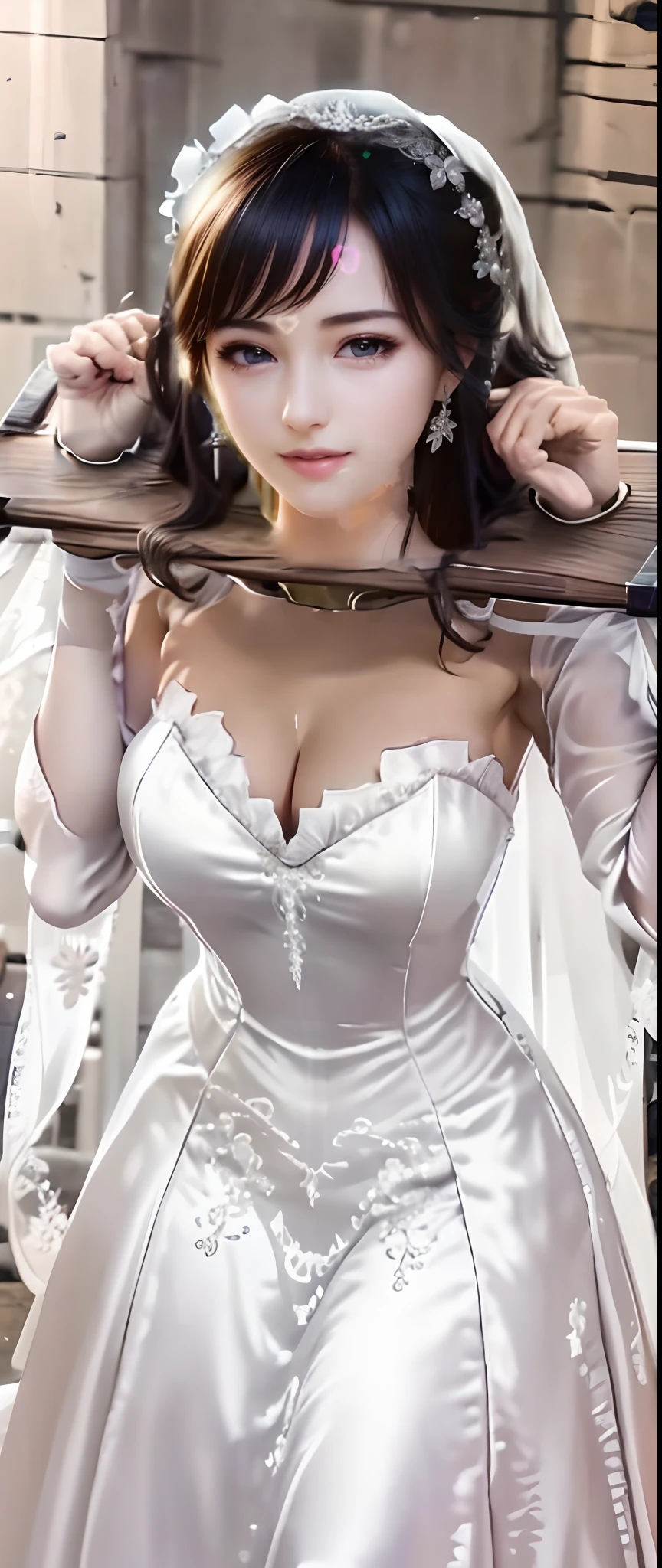 Close-up of a beautiful bride wearing a beautiful wedding dress, Gurwitz,(Pillory:1.5), (flail:1.2), flail on the head, flail on the hands,(bridal veil: 1.5), (transparent short veil: 1.5), flushed face, head flower, tiara, Very detailed princess wedding dress,(tube wedding dress: 1.5), (silk dress: 1.2 ), (strapless wedding dress: 1.5), (floor length skirt:1.2), pure white dress,white long skirt, necklace, earrings, (huge breasts: 1.3), deep V heart-neck wedding dress, bangs, lipstick, (lace gloves: 1.3), high detail RAW Color art,