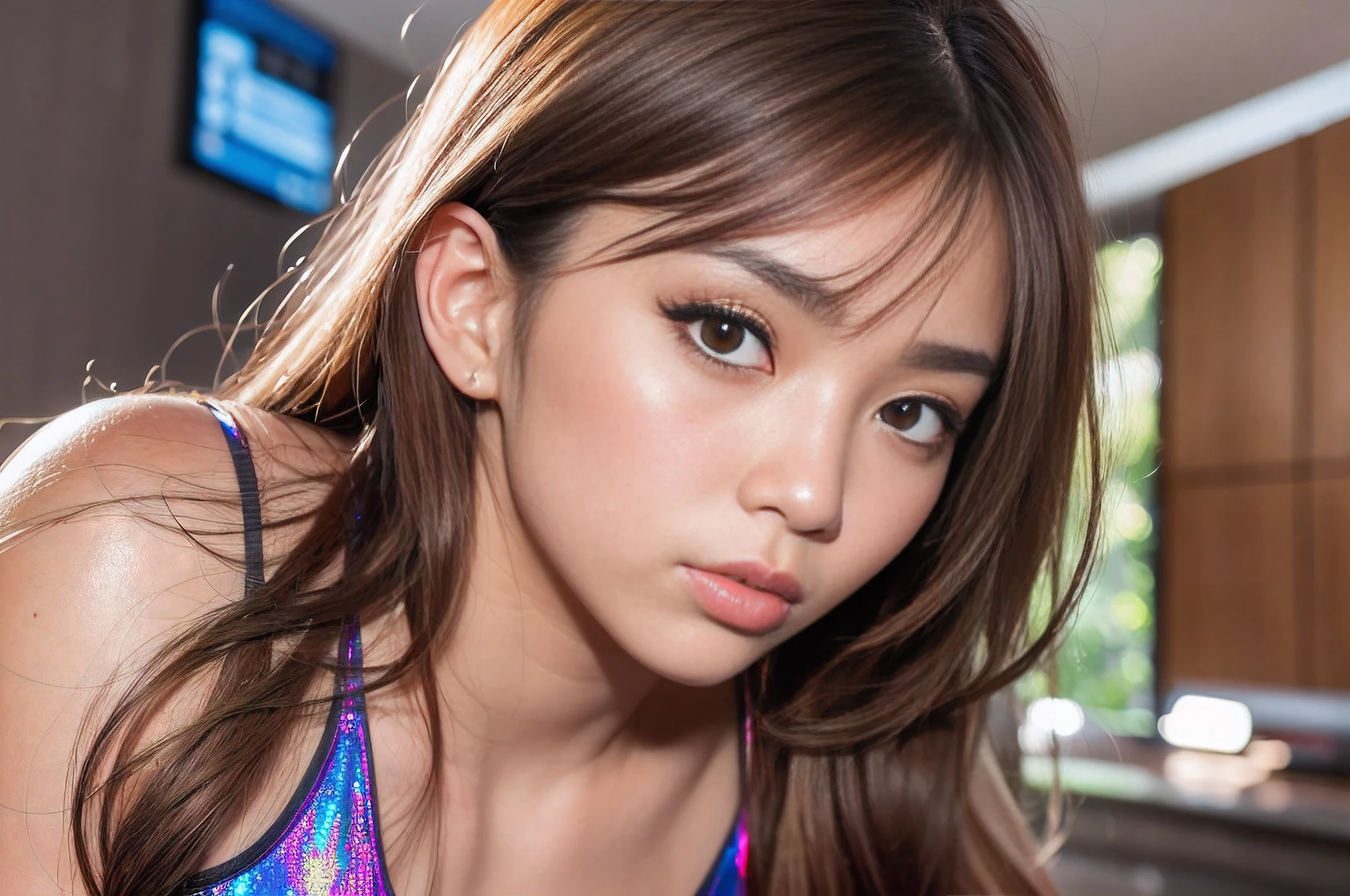 Amazingly beautiful female athletes, One Piece Swimsuit,(Super Metallic Bright Red Holographic Swimsuit:1.2), Chic muscular body:1.4,(top-quality、8K、32K、masterpiece、nffsw:1.3),(Photorealsitic:1.4),(The ultra -The high-definition),(Ultra-realistic 8kCG),Raw photography, Half body shot, Beautiful shadow gradient, in a locker room, Perfect Lighting, Beautiful and well-groomed face, beautidful eyes, Detailed lips, Double eyelids,