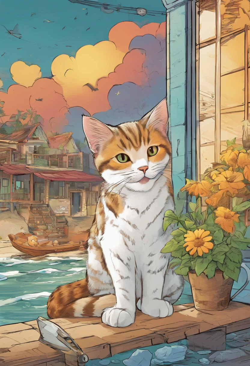 American comics, The comic story is presented in multiple irregular colored panels. American shorthair cats go through hardships when they run away from home，Then reunite with another cat. The style is exaggerated and meticulous