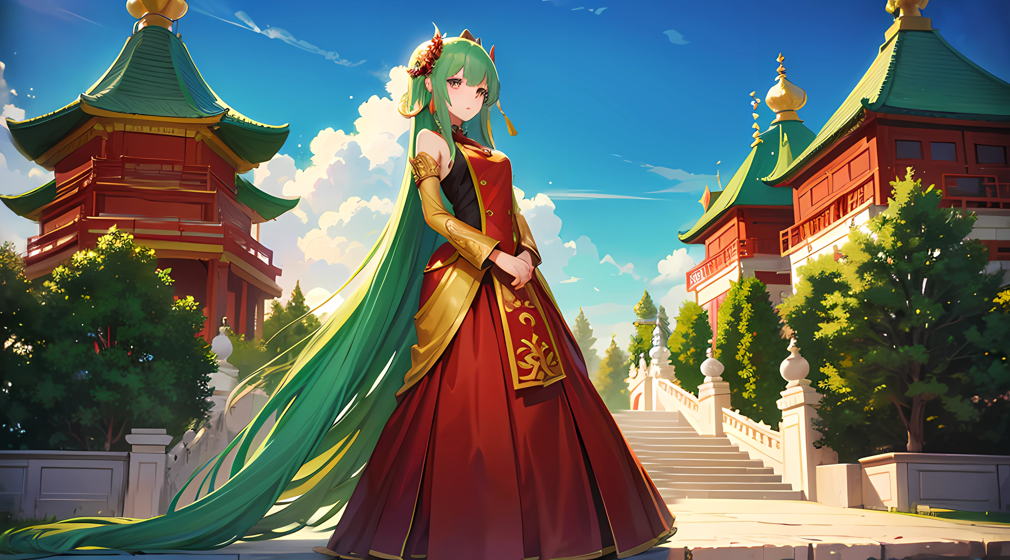 Green girl with long hair,Exquisite palace costume,Fire red dress,Stand in front of the Chinese Heavenly Palace,Look into the distance,