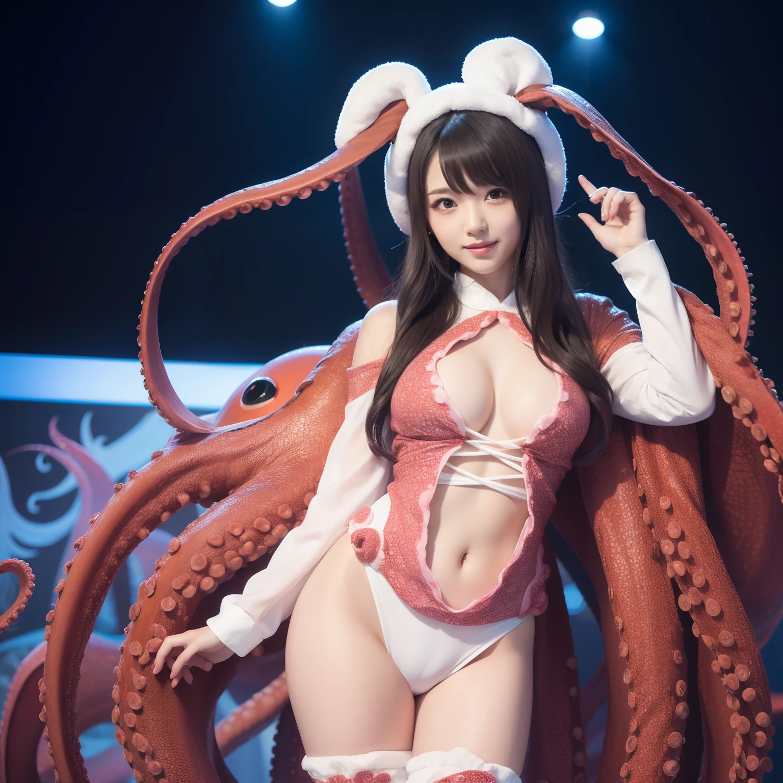 Female idol covered in octopus(Cute costumes)、Reluctant、full body Esbian