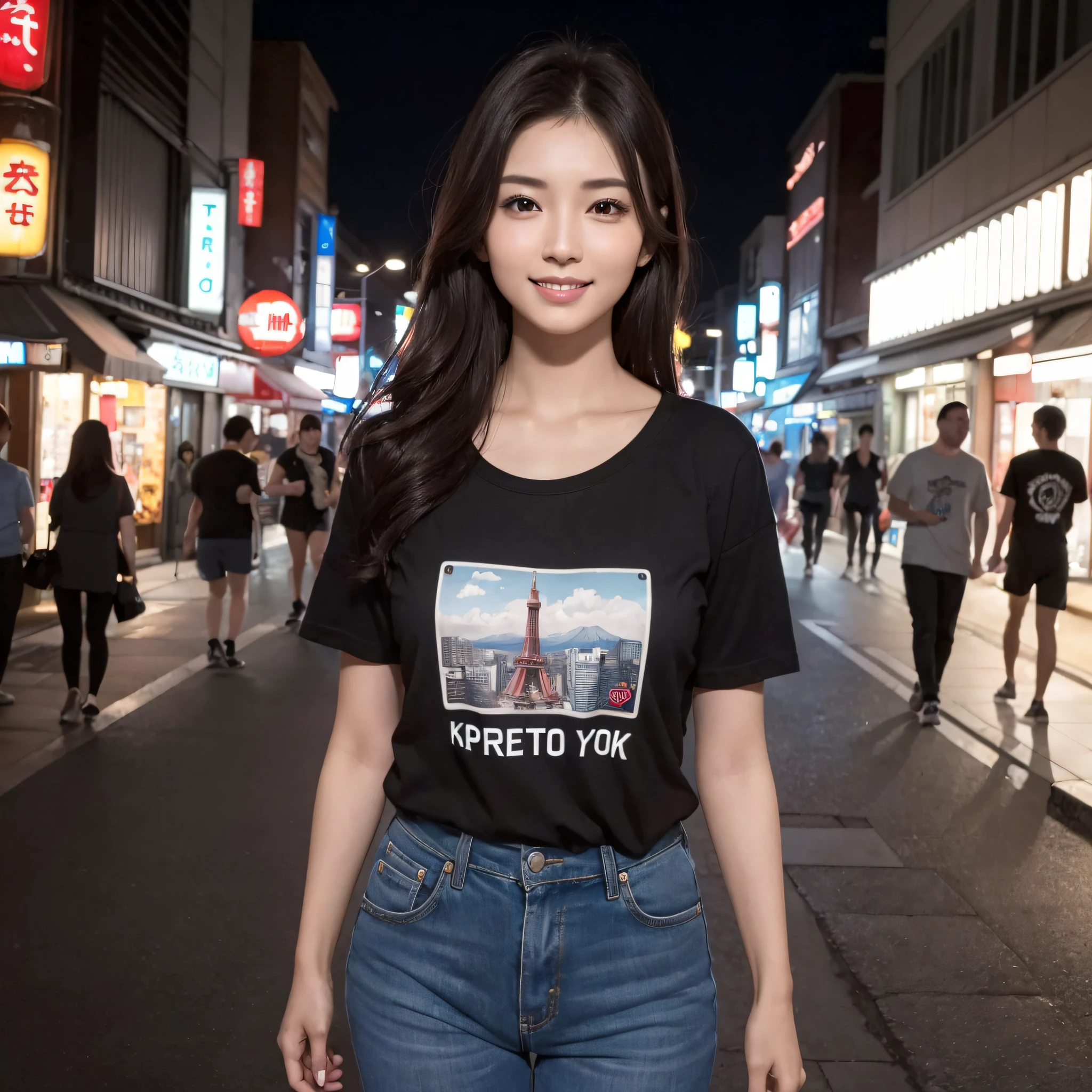 One beauty、((best qualtiy、8k masterpieces:1.3))、foco nítido:1.2、(ultra beautiful faces:1.0)、(shinny skin:1.0)、photos realistic、A dark-haired、Video Lighting、High-definition eyes and face、Video Lighting、25-year-old Japan actress、from the front side、medium breasts、Smile、Slender Abs Beauty、Whole body、Wearing a Japan T-shirt、In the downtown area at night