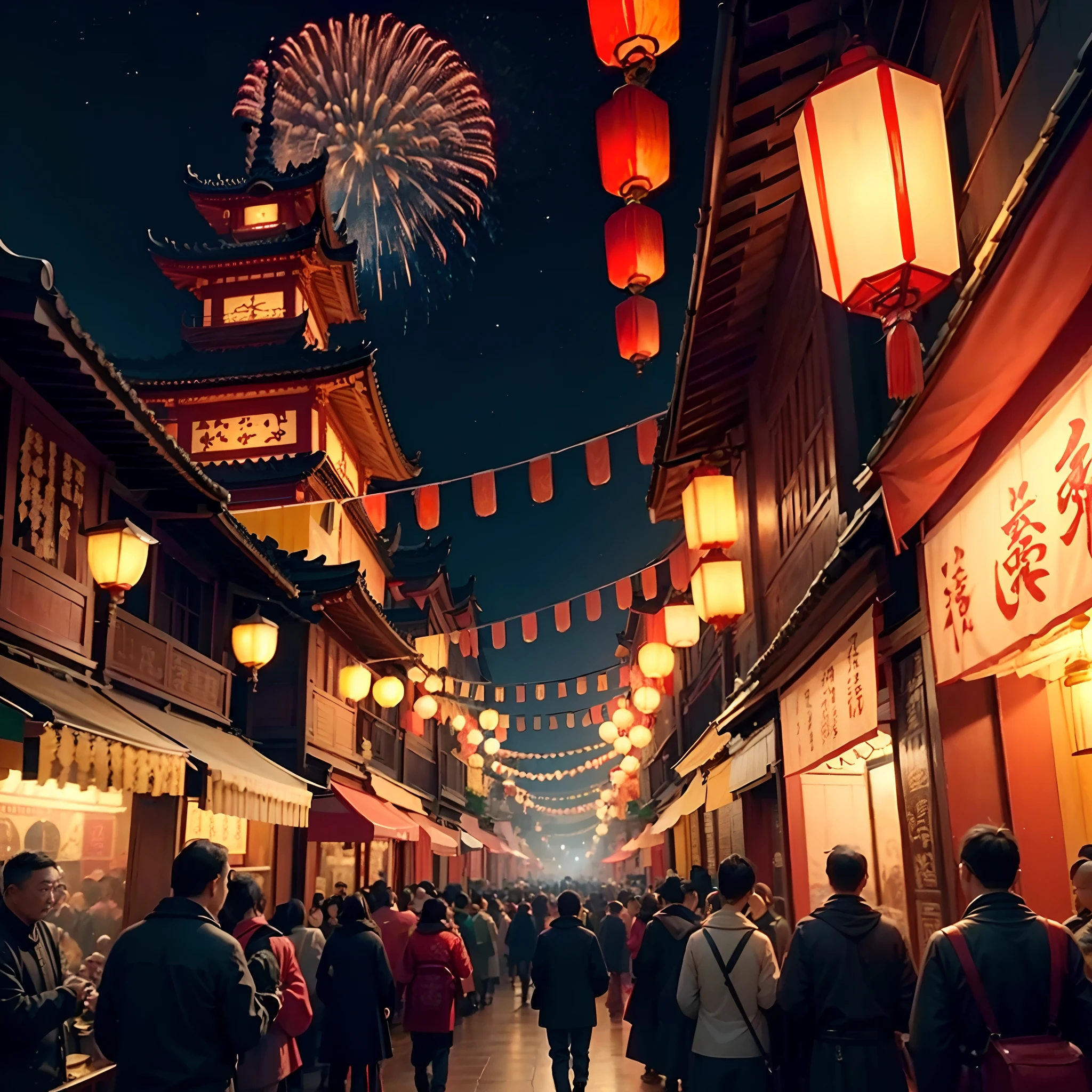 (Best quality,4K,8K,A high resolution,Masterpiece:1.2),Ultra-detailed,(Realistic,Photorealistic,photo-realistic:1.37),Traditional Chinese painting,Ancient buildings,Traditional lanterns,Lantern Festival,celebrating,Decorative lights,Night market,bustling crowd,Lantern riddles,Performances,full moon,glowing candles,Red lanterns sway in the wind,traditionalcostumes,Dragon dance,Fireworks,Arches decorated with lanterns,Folk music playing in the background,Vibrant colors,Magical atmosphere,Unique architectural details,Delicate brushstrokes,Cultural heritage,Illuminated lanterns depict the night sky