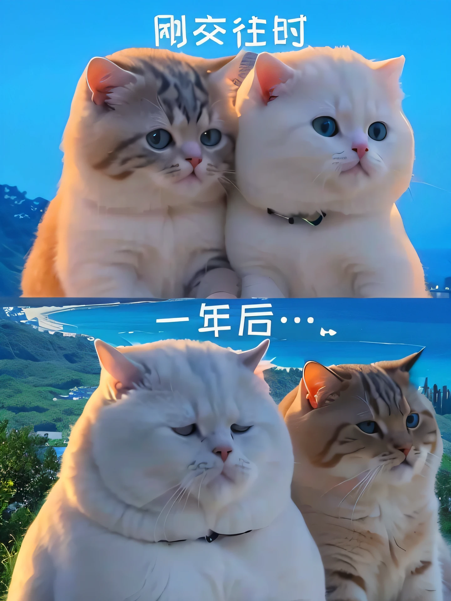 There are two cats sitting on the hill, Cute cats, two headed cat, komono, Two cats, 😃😀😄☺🙃😉😗, Middle metaverse, 2023, identical, 2 0 2 3, cute cat photo, wholesome, Cats, awww, OMG, A cute cat