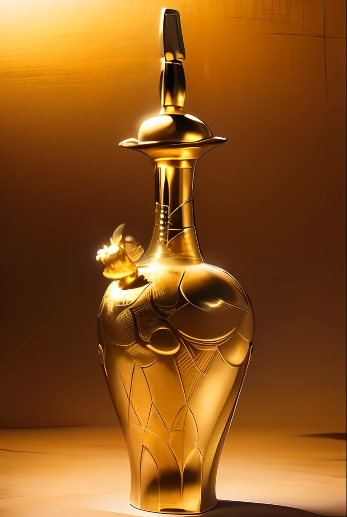 offcial art, (Extremely detailed CG unifies 8K,, Diamond, and wallpaper), (Photorealistic:1.4), (Masterpiece), (Best quality:1.2),Light and shadow tracking,Super HD, A high resolution, the detail, RAW photogr, Sharp Re, Nikon D850 Film Stock Photo by Jefferies Lee 4 Kodak Portra 400 Camera F1.6 shots, Rich colors, ultra-realistic vivid textures, Dramatic lighting, Unreal Engine Art Station Trend, cinestir 800,solid color backdrop,photorealestic,A golden magic container in a museum,Antique artifacts,((((gold)))),((((blingbling)))),(((Pure background))),(((clean backdrop))),chai,Total height 28 cm,There is a lid on it,The buckle is tight,The shape of this golden bottle,It resembles a golden cleaning bottle unearthed by the shrine monk Tataki,(((There is a pattern on the bottle))),(((Auspicious cloud pattern))),It can be concluded that it is a relic of the Tang Dynasty,Full work, Full of patterns, No text,Forged hammer pattern,Big belly,(((Spout))),On the spout is a dragon,sedate,massiness,Shiny and warm