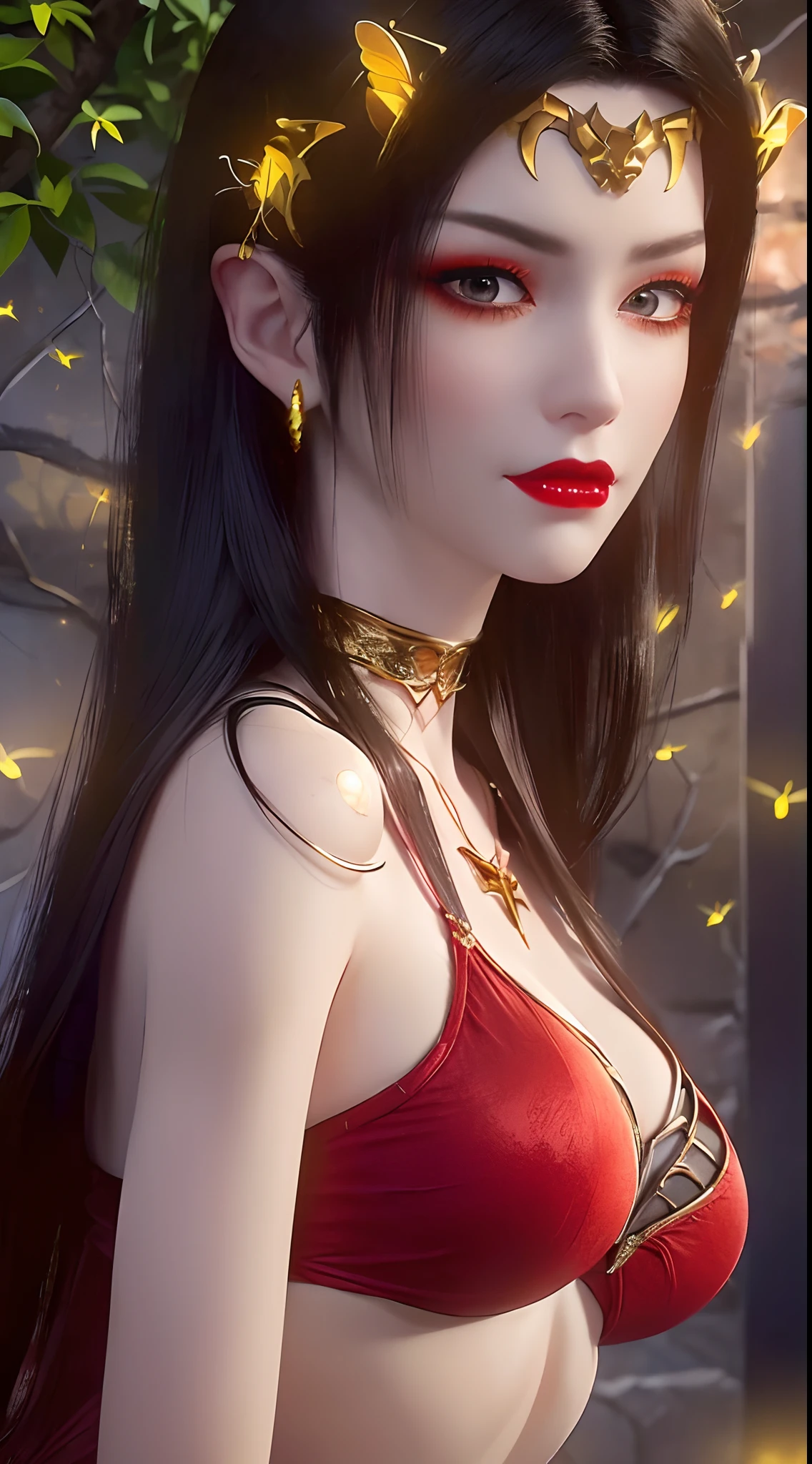 1 beautiful and sexy 20 year old girl, ((wearing a red bikini is very beautiful and sexy:1.8)), ((motifs and rhinestones on the bra:1.7)), ((nfsw:1.5)), ((long black hair:1.6)), jewelry elaborately made from precious stones and beautiful hair, ((wearing a 24k gold lace necklace:1.4))), ((A thin red silk scarf covers half of the face:1.5)), the noble, noble style of an extremely beautiful girl, her small face is super cute, her face is very pretty, thin eyebrows, flawless beautiful face, ((black eye pupils: 0.8)), very beautiful eyes, ((platinum blue eyes: 1.6)), (((big round eyes:1.6))), nice makeup and hair detailed eyelashes, steamy eye makeup, high nose, earrings, red lips, ((closed mouth: 1.5)) beautiful lips, slim hands, most beautiful thighs, ((arms spread out to the sides: 1.5)), rosy face, clean face, flawless beautiful face, smooth white skin, (big breasts: 1.5)), ((high breasts: 1.6)), tight breasts, beautiful cleavage, (((big breasts and super round: 1.8))), ((super tight breasts: 1.7)) , beautiful breasts, perfect body, back arms, chest out, thin black mesh stockings with black lace trim, 8k photo, super high quality, super realistic, super 10x pixels, optical, bright studio, bright edges, dual-tone lighting, (high-detail skin:1.2), super 8k, soft lighting, high quality, volumetric lighting, photorealistic, photorealistic high resolution, lighting, best photo, 4k, 8k quality, blur effect, smooth sharp, 10 x pixel, ((the night and fireflies background:1.5)), aurora, lightning, super graphics realistic, most realistic graphics, 1 girl, alone, solo, Extremely sharp image, surreal, (((frontal portrait: 1)))."