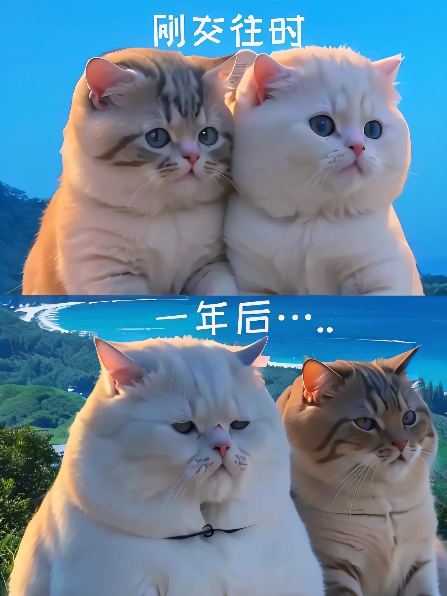 There are two cats sitting on the hill, Cute cats, two headed cat, komono, Two cats, 😃😀😄☺🙃😉😗, Middle metaverse, 2023, identical, 2 0 2 3, cute cat photo, wholesome, Cats, awww, OMG, A cute cat