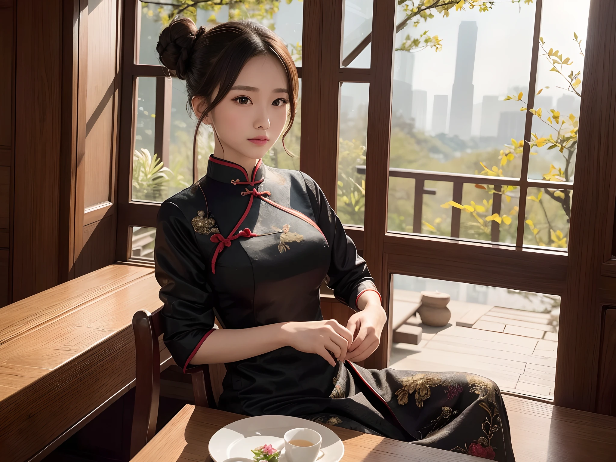 Photo, masutepiece, Super Detail, High quality, awardwinning, 8K, girl, Solo, Hair bun, Gorgeous and luxurious cheongsam, close up, Portrait Style, sitting in the chair, In the tea house, Chinese style interior, In China, traditional, Natural light, in the morning