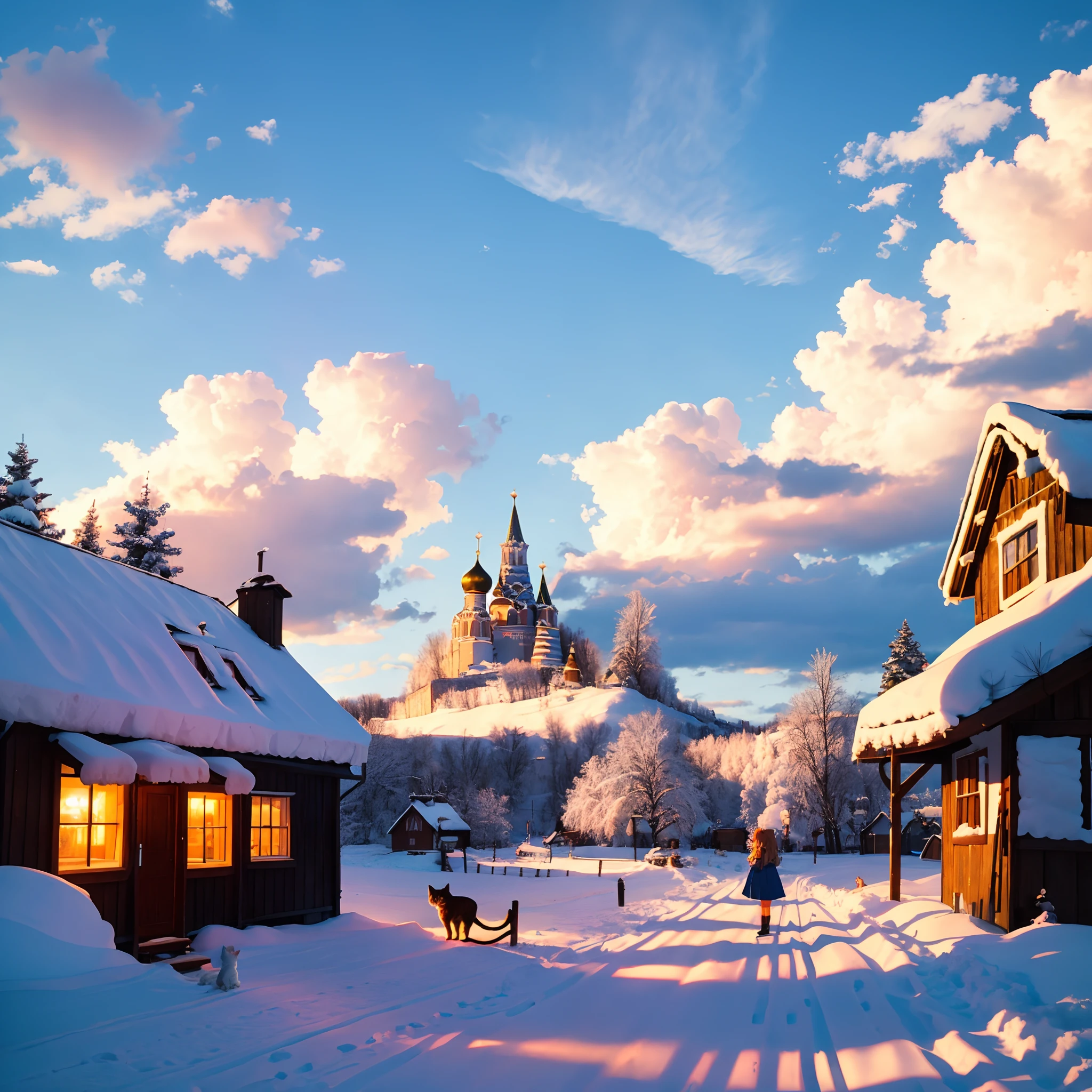 the anime, movie scene, Cat Cafe, village, Sun light, Clouds, joying, Girls, russian village, Atmospherics,RussianHoliday