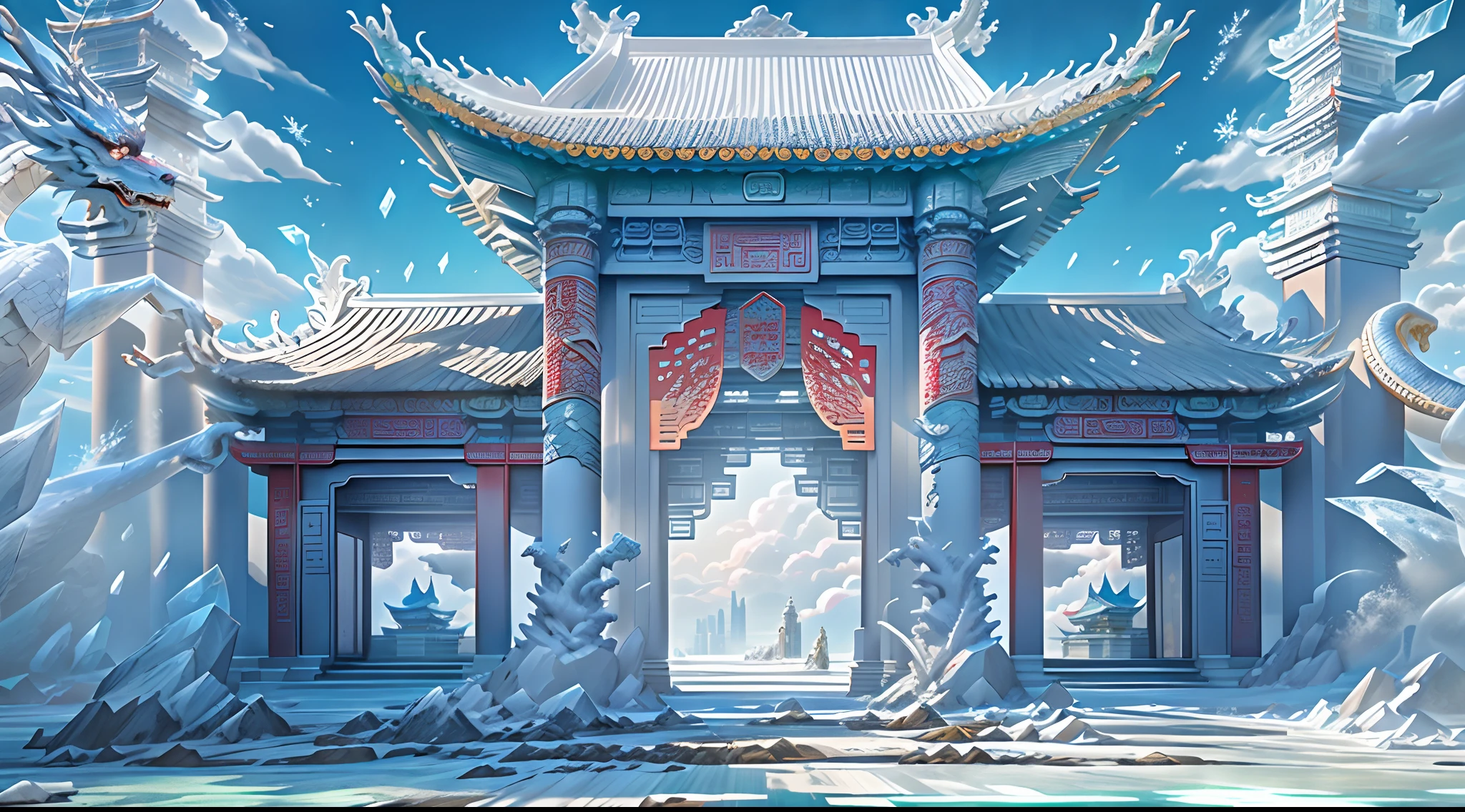 A magical world, (((transparent building)))，(Floating in the sky：1.5)，(White clouds on the ground:1.5)，(((Crystal tiles)))，(((crystal column)))，（（（Crystal wall）））(((The pillars are carved with Chinese dragons)))，Nice colorful light decoration, (icey)，(Frozen Palace:1.5)，best qualtiy，tmasterpiece, 8k 辛烷值渲染, Photorealistic, Cinematic lighting, detailed building, The art of detail carving，Chinese Ancient Architecture，