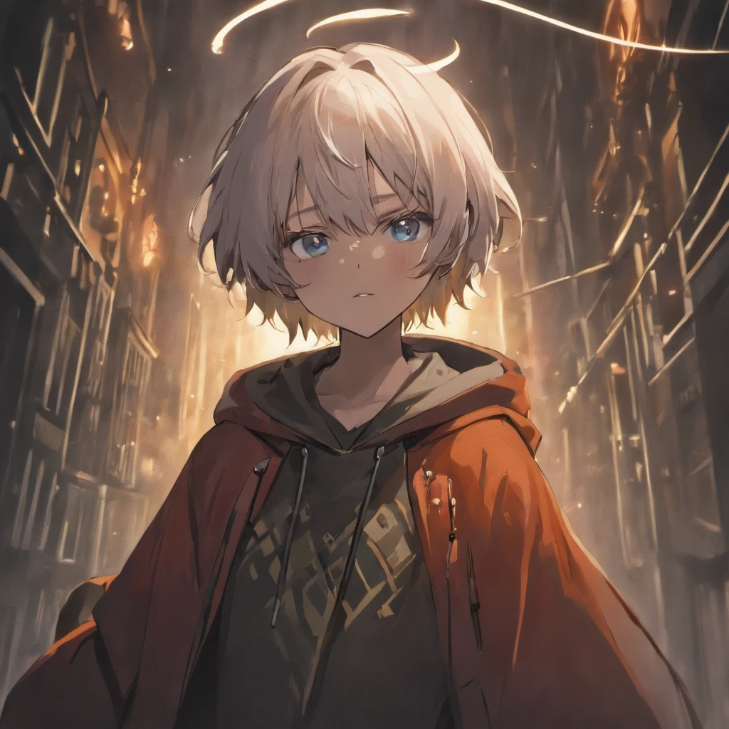 kk, best quality, more details, masterpiece, male focus, bangs, boy with white hair, short hair, black eyes, looking at viewer, Wearing a half-dead mask, The devil in his hood and scythe wrapped around him Stand at the intersection of light and darkness:HD graphics, Lots of ghosts wearing hood, Terrifying and eerie texture, 8k, detailed, ray tracing, depth of field, cinematic lighting.