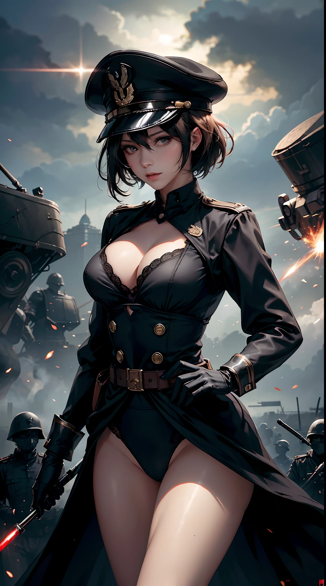 Woman short hair holding stick, general black panties ww2. General black ww2 bra, general ww2 black hats, elegant. tanks and soldiers in the background,red blood element,hd light and dark, balance rendering, HD lighting and dark )<=(epic image quality)dark atmosphere with bright particle light(many effects in background)