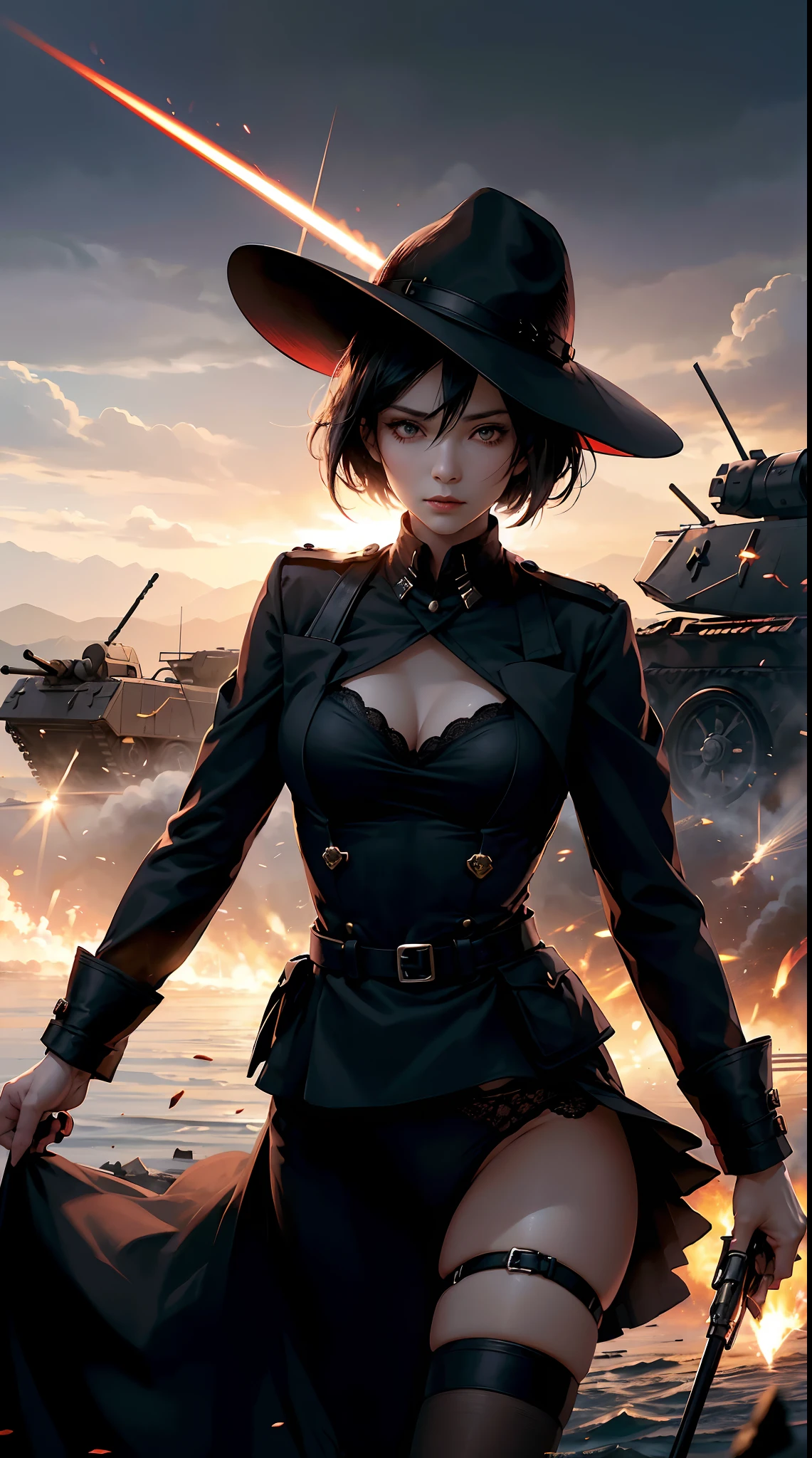 Busty female soldiers fighting on the battlefield