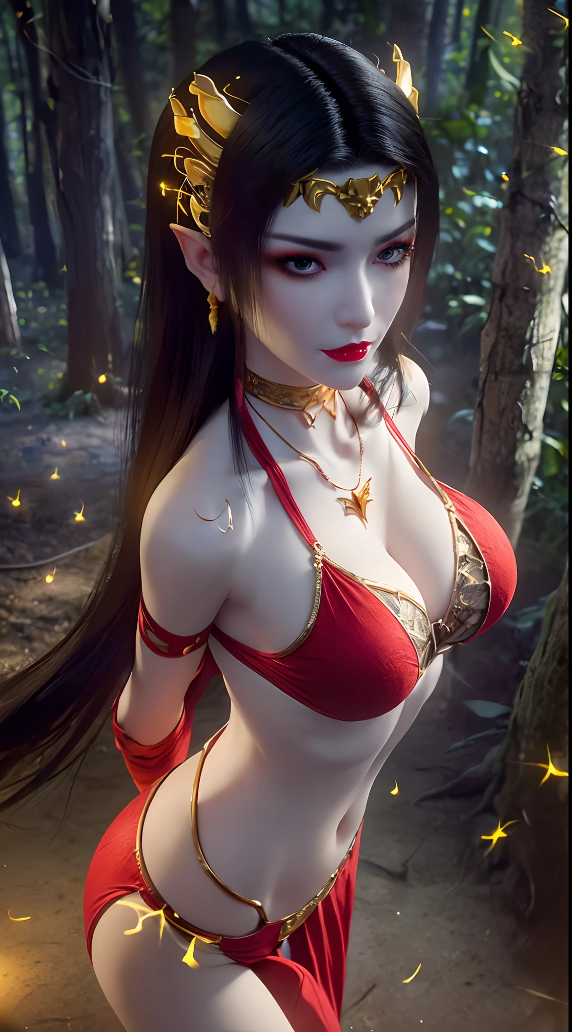 1 beautiful and sexy 20 year old girl, ((wearing a red bikini is very beautiful and sexy:1.8)), ((motifs and rhinestones on the bra:1.7)), ((nfsw:1.5)), ((long black hair:1.6)), jewelry elaborately made from precious stones and beautiful hair, ((wearing a 24k gold lace necklace:1.4))), ((A thin red silk scarf covers half of the face:1.5)), the noble, noble style of an extremely beautiful girl, her small face is super cute, her face is very pretty, thin eyebrows, flawless beautiful face, ((black eye pupils: 0.8)), very beautiful eyes, ((platinum blue eyes: 1.6)), (((big round eyes:1.6))), nice makeup and hair detailed eyelashes, steamy eye makeup, high nose, earrings, red lips, ((closed mouth: 1.5)) beautiful lips, slim hands, most beautiful thighs, ((arms spread out to the sides: 1.5)), rosy face, clean face, flawless beautiful face, smooth white skin, (big breasts: 1.5)), ((high breasts: 1.6)), tight breasts, beautiful cleavage, (((big breasts and super round: 1.8))), ((super tight breasts: 1.7)) , beautiful breasts, perfect body, back arms, chest out, thin black mesh stockings with black lace trim, 8k photo, super high quality, super realistic, super 10x pixels, optical, bright studio, bright edges, dual-tone lighting, (high-detail skin:1.2), super 8k, soft lighting, high quality, volumetric lighting, photorealistic, photorealistic high resolution, lighting, best photo, 4k, 8k quality, blur effect, smooth sharp, 10 x pixel, ((the night and fireflies background:1.5)), aurora, lightning, super graphics realistic, most realistic graphics, 1 girl, alone, solo, Extremely sharp image, surreal, (((frontal portrait: 1)))."