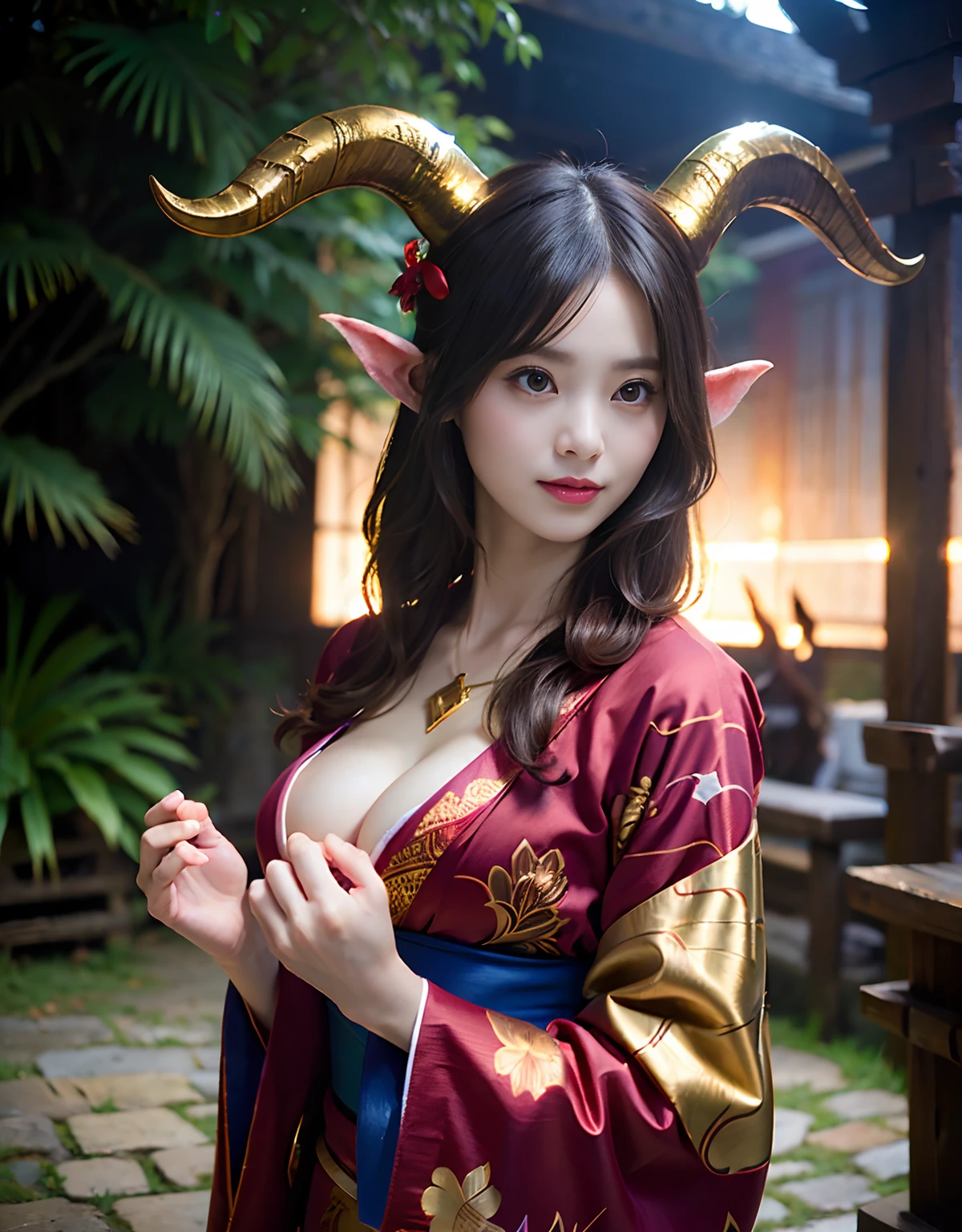 (((masutepiece,))),Professional , ​masterpiece、top-quality、photos realistic , depth of fields 、Raw photo、1a person、glowy skin、（sexypose）、(Black maple on the background of full bloom),（Ultimate Beauty）、A dark-haired、Mystical expression、ultrasharp、（shrine background)、（Kimono with beautiful pattern）、（Midnight background）、Beautiful hair ornament on the head、,(intense fighting）,（（Precipitous cliffs））,(Wear a beautiful kimono),（Wear a colorful and beautiful kimono）、cleavage of the breast、（Japan Castle Background）、Jewel Gold Weapon、Particles of light),(intense fighting）、Gorgeous gold weapons ,Castle background、（（ Gorgeous Dragon Sword）） , （a dark night）,,（maikurobikini） 、（（Black Haired Beautiful Girl））、（Castle background）、（demonic wings）、（（Gangle's forest background））、Beautiful Caucasian beauty、１a person、dynamic ungle,(((Two devil's horns on the head)))、Smaller head、Idle Smile、Thin and beautiful female hands、Mystical expression、Light Effects、intense fighting、Wind-effect、magic circles、With the legendary magic wand、Dragon's tail、Anatomically correct fingers、Full Body Angle、Anatomically correct number of fingers、