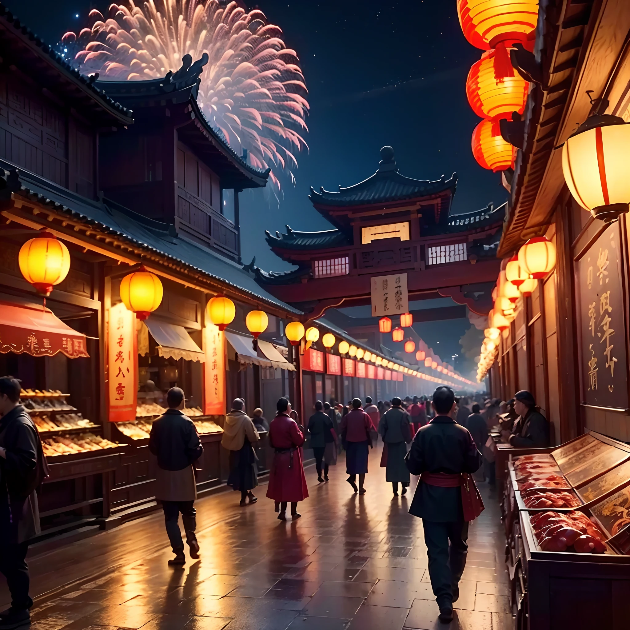 macro scene, panorama，Brilliant fireworks，Ancient China, Chang'an City, Kongming Lantern