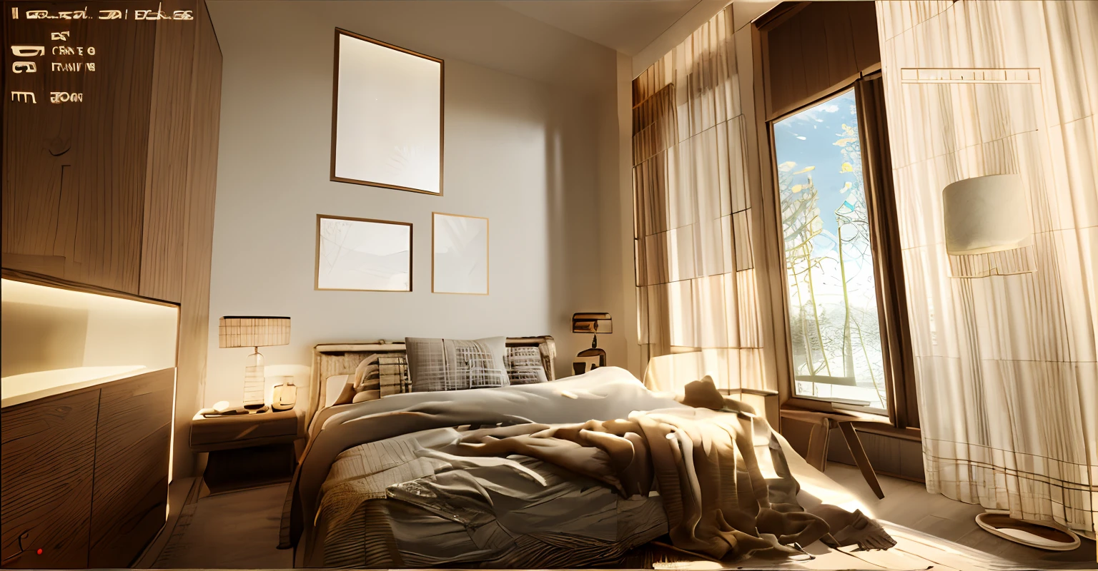 Nordic style bedroom，Log style，On the right is the view from the window,Warm，Ambient，Simple material，Super fine details，8K