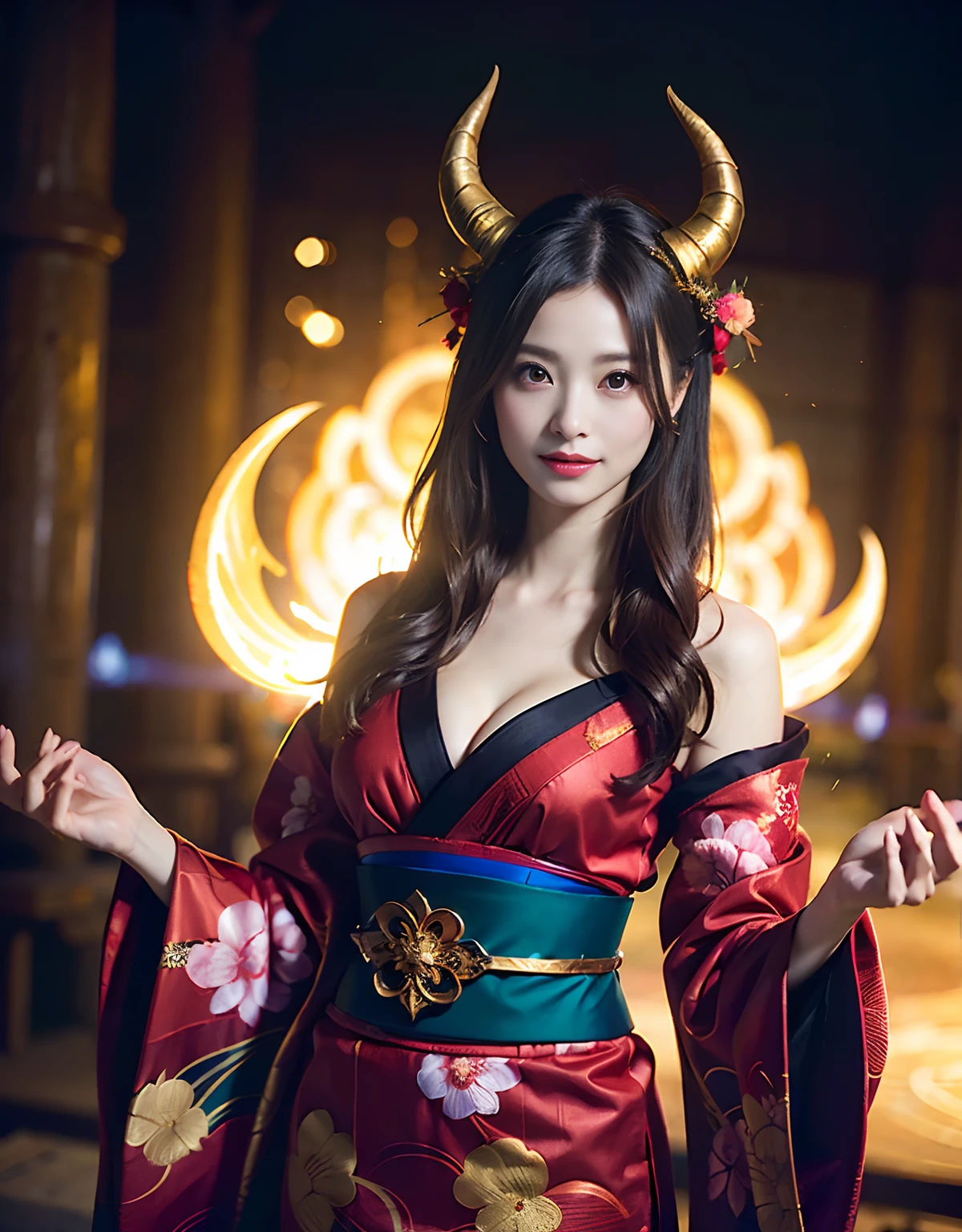 (((masutepiece,))),Professional , masterpiece、top-quality、photos realistic , depth of fields 、Raw photo、1a person、glowy skin、(sexypose)、(Black maple on the background of full bloom),(Ultimate Beauty)、A dark-haired、Mystical expression、ultrasharp、(shrine background)、(Kimono with beautiful pattern)、(Midnight background)、Beautiful hair ornament on the head、,(intense fighting),((Precipitous cliffs)),(Wear a beautiful kimono),(Wear a colorful and beautiful kimono)、cleavage of the breast、(Japan Castle Background)、Jewel Gold Weapon、Particles of light),(intense fighting)、Gorgeous gold weapons ,Castle background、(( Gorgeous Dragon Sword)) , (a dark night),,(maikurobikini) 、((Black Haired Beautiful Girl))、(Castle background)、(demonic wings)、((Gangle's forest background))、Beautiful Caucasian beauty、1a person、dynamic ungle,(((Two devil's horns on the head)))、Smaller head、Idle Smile、Thin and beautiful female hands、Mystical expression、Light Effects、intense fighting、Wind-effect、magic circles、With the legendary magic wand、Dragon's tail、Anatomically correct fingers、Full Body Angle、Anatomically correct number of fingers、