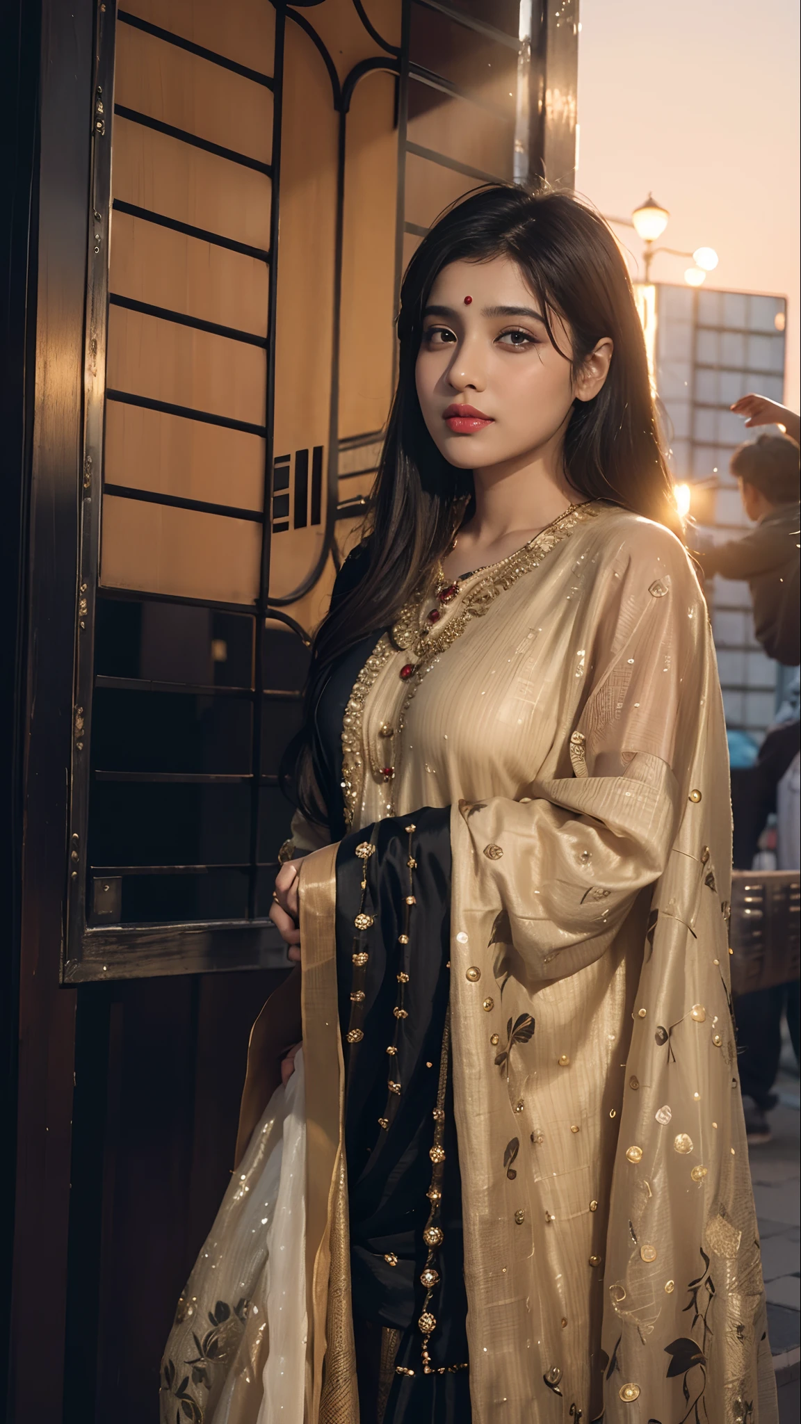 (((desi girl))), chubby face, natural skin, wearing hot deep neck top and dupatta, charming black hair, ((hair ends are blonde)), city streets background, bokeh