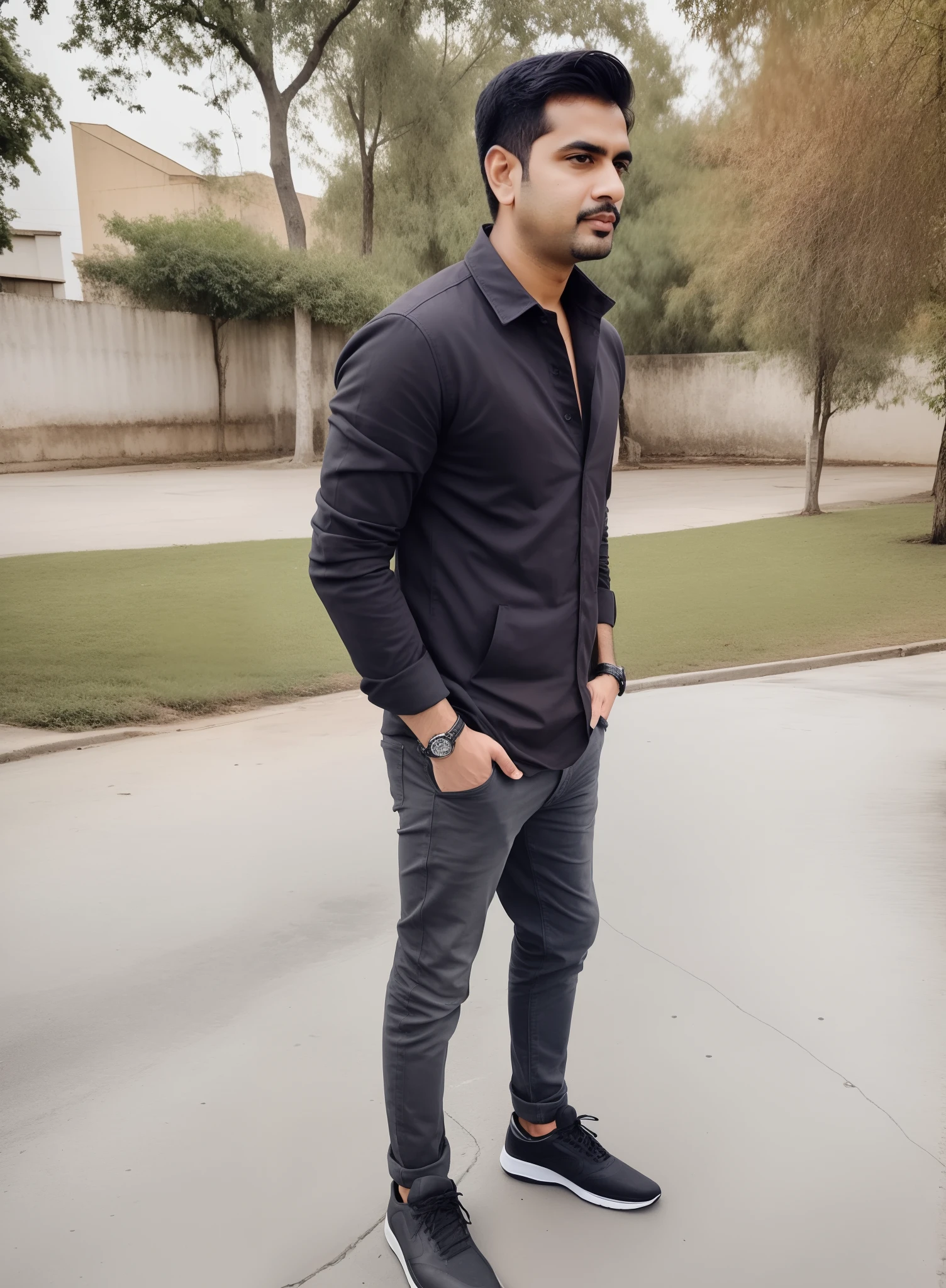 there is a man standing on a sidewalk with a beard, full body photogenic shot, full body picture, candid picture, very artistic pose, thought provoking, with a cool pose, full body photgraph, full body in camera, inspired by Saurabh Jethani, full body profile camera shot, with lovely look, very very low quality picture, full body model