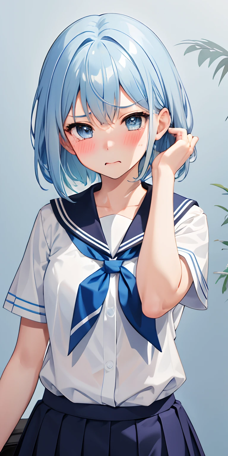 White and blue gradient hair、1 girl in、a sailor suit、Classroom
