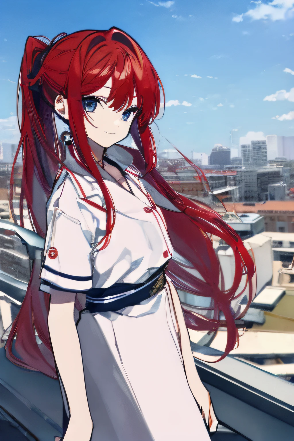 1girl, young girl, masterpiece, high quality, red hair, bangs, blue eyes, ponytail, (long hair), (straight hair), ((on the rooftop of building)), high roof, wearing a patient gown, ((standing against the railing)), clear sky, blue sky, ((detail face)), (smiling)